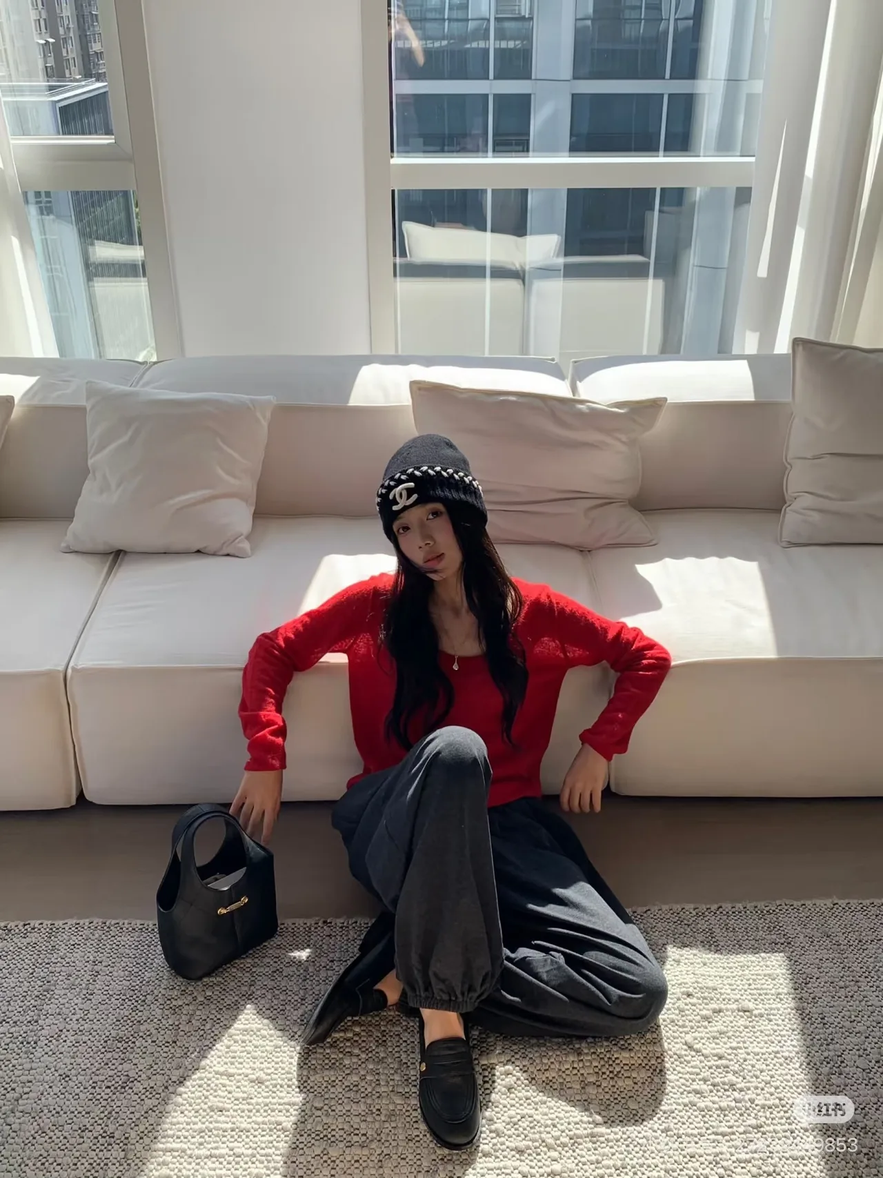 Chanel CC Wreath Beanie in Black & White & Red · view 6