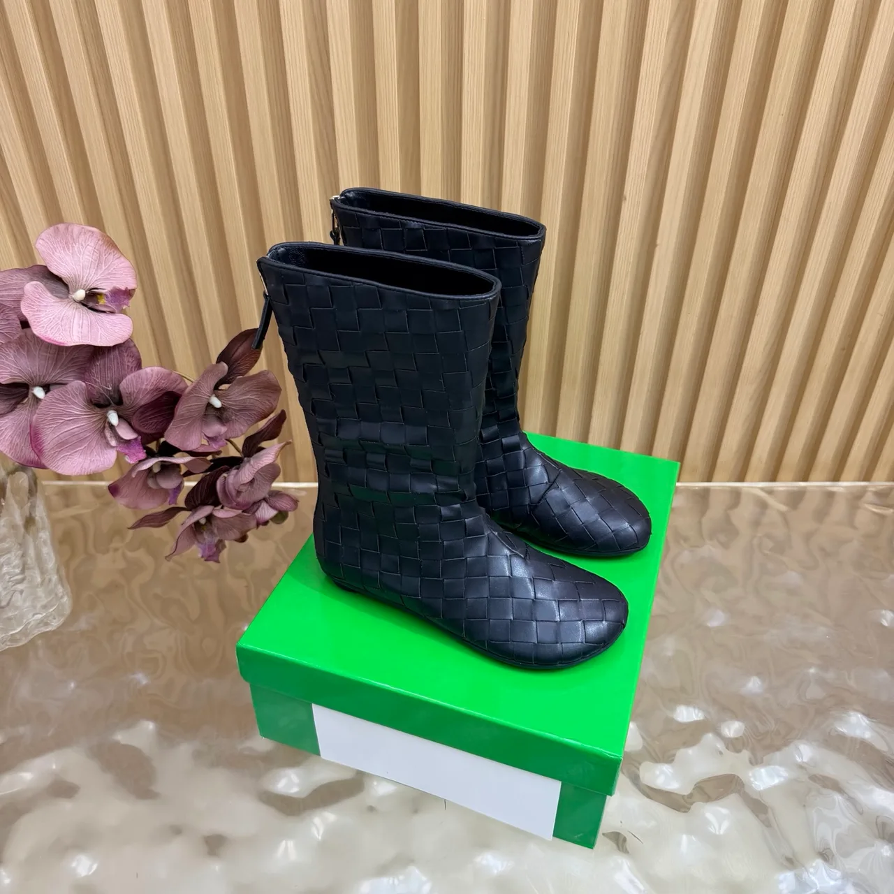 Bottega Veneta Quilted Woven Pointed-Toe Ankle Boots in Black · view 1
