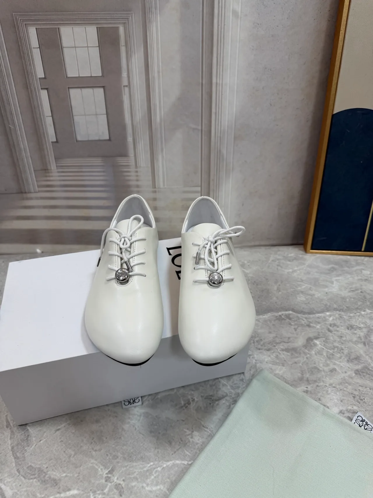 Loewe Sheepskin Round-Toe Lace-Up Shoes in White · view 3