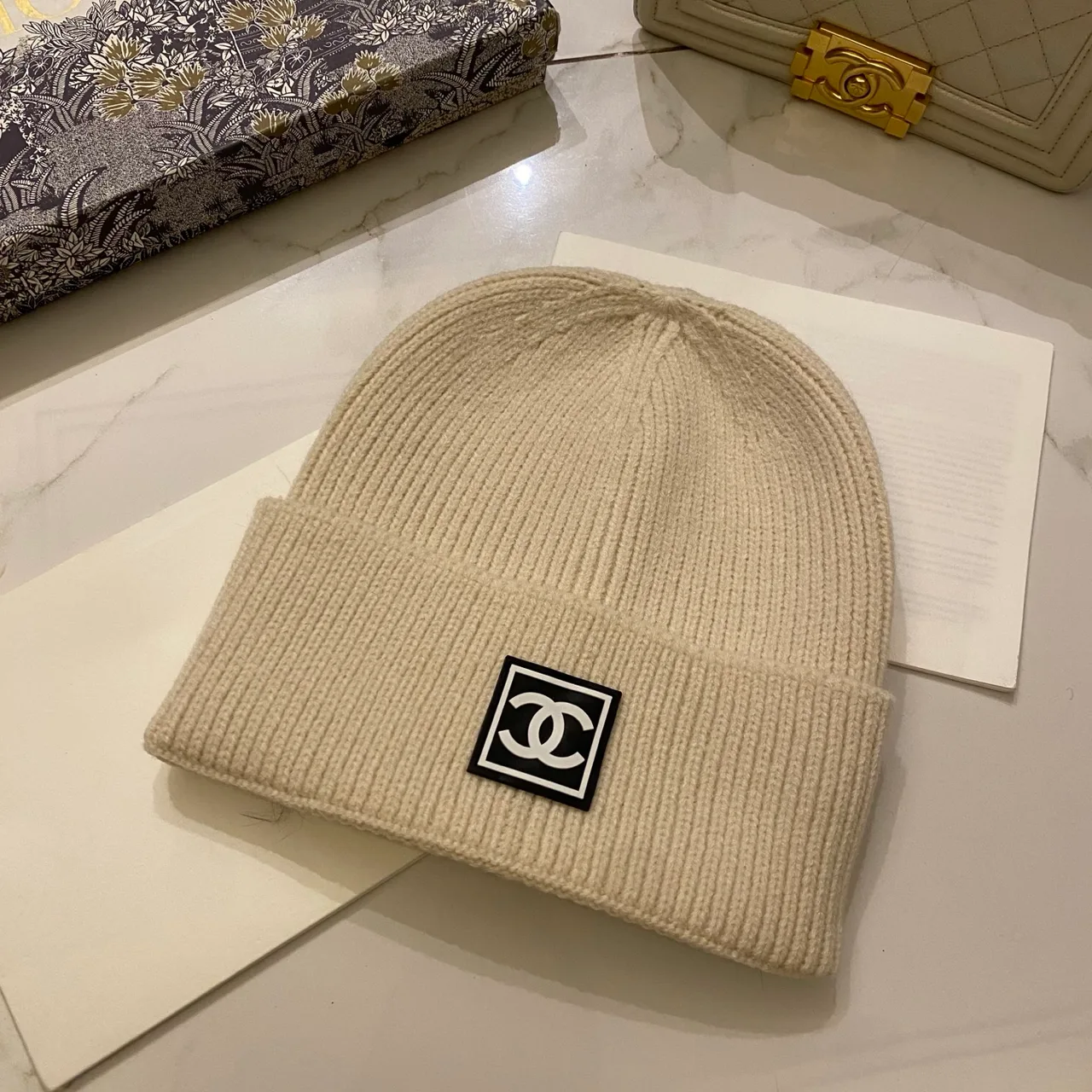 Chanel Beanie in Black & White & Grey & Beige & Tan & Blue & Orange & Yellow & Pink & Burgundy & Red & Brown · view 5