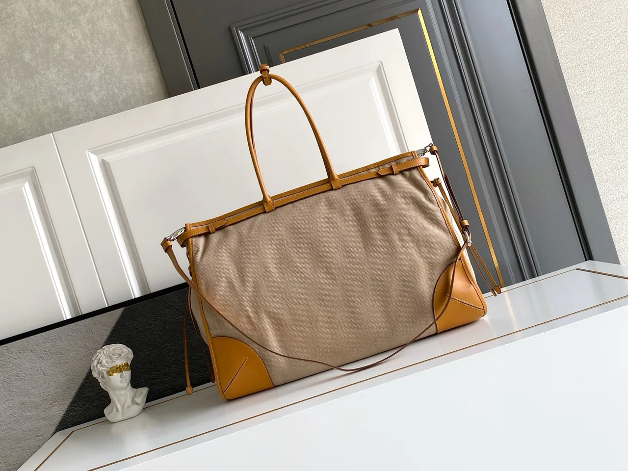 Prada Leather Belted Tote in Beige · view 3