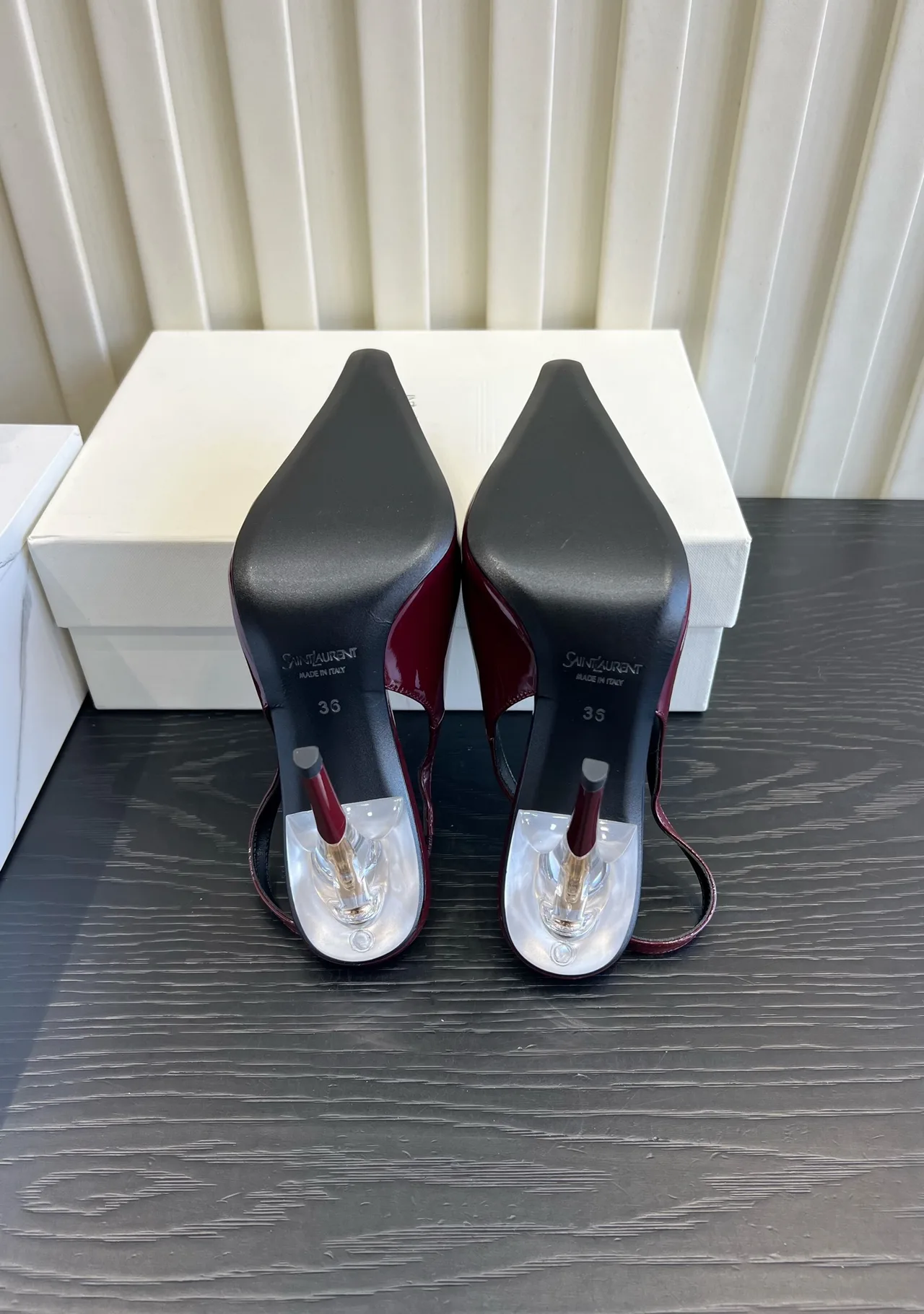 Saint Laurent Cowhide Silk Glossy Pointed-Toe Slingback Shoes in Burgundy · view 6