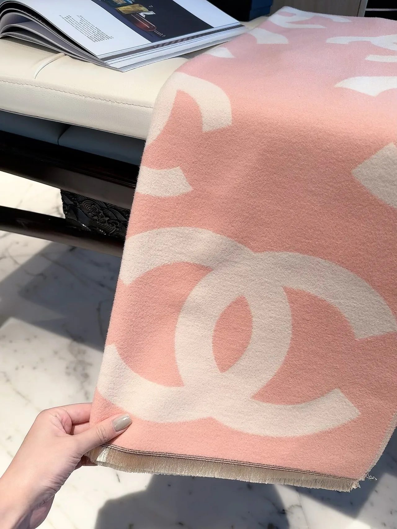 Chanel CC Jacquard Scarf in Pink & Cream · view 7