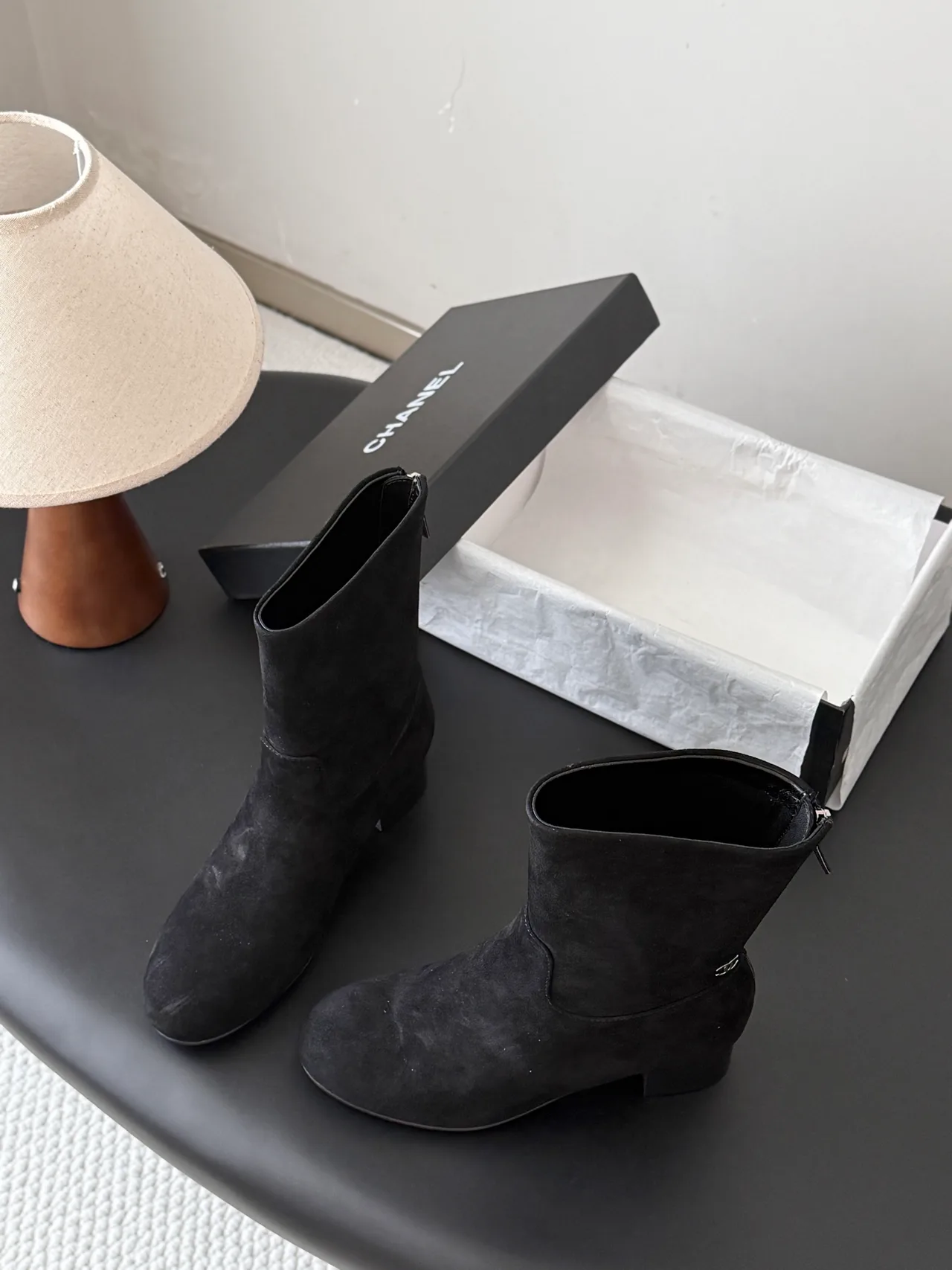 Chanel Sheepskin Suede-Look Round-Toe Ankle Boots in Black · view 4