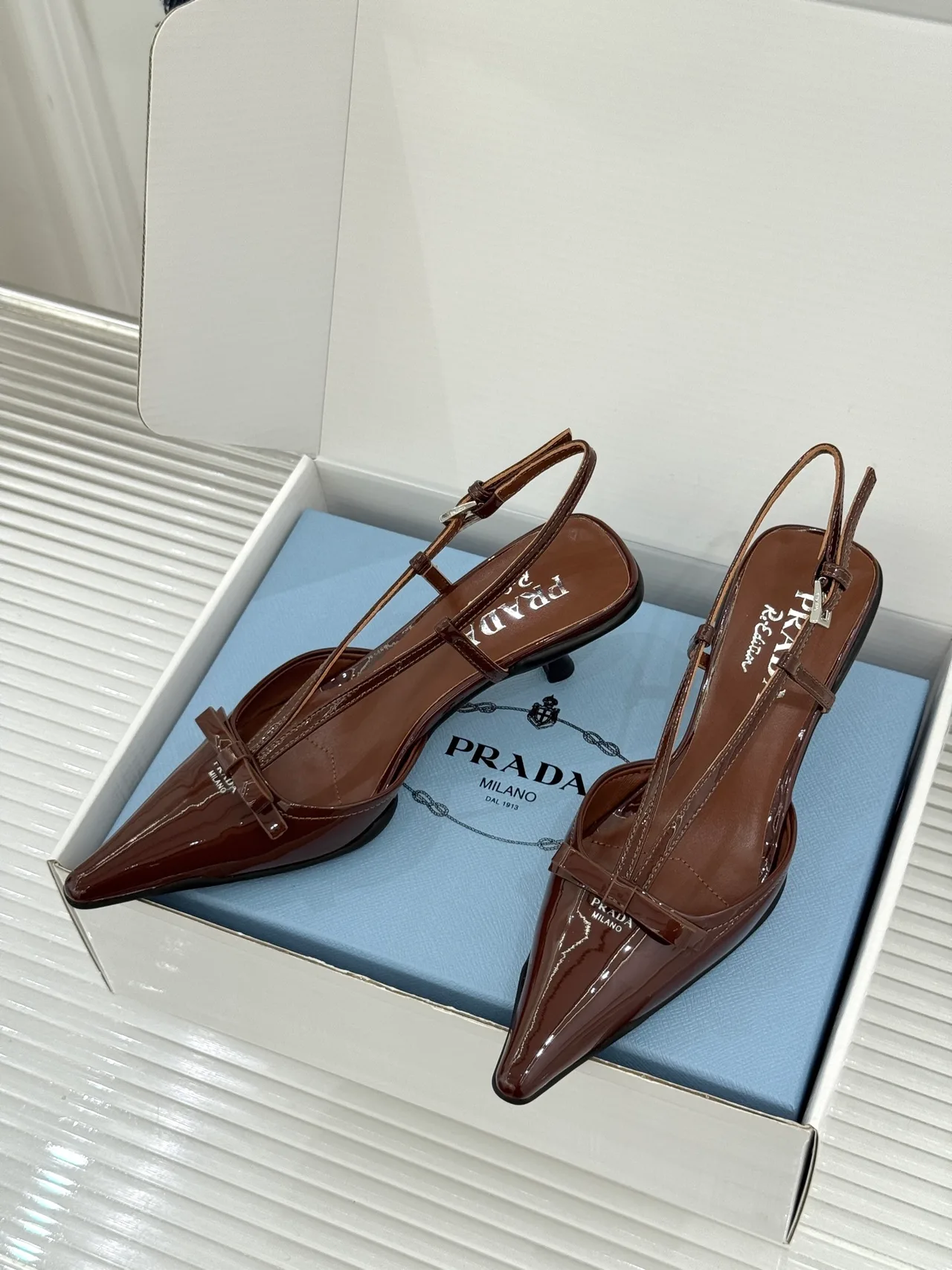 Prada Lambskin Slingback Pumps in Brown · view 2