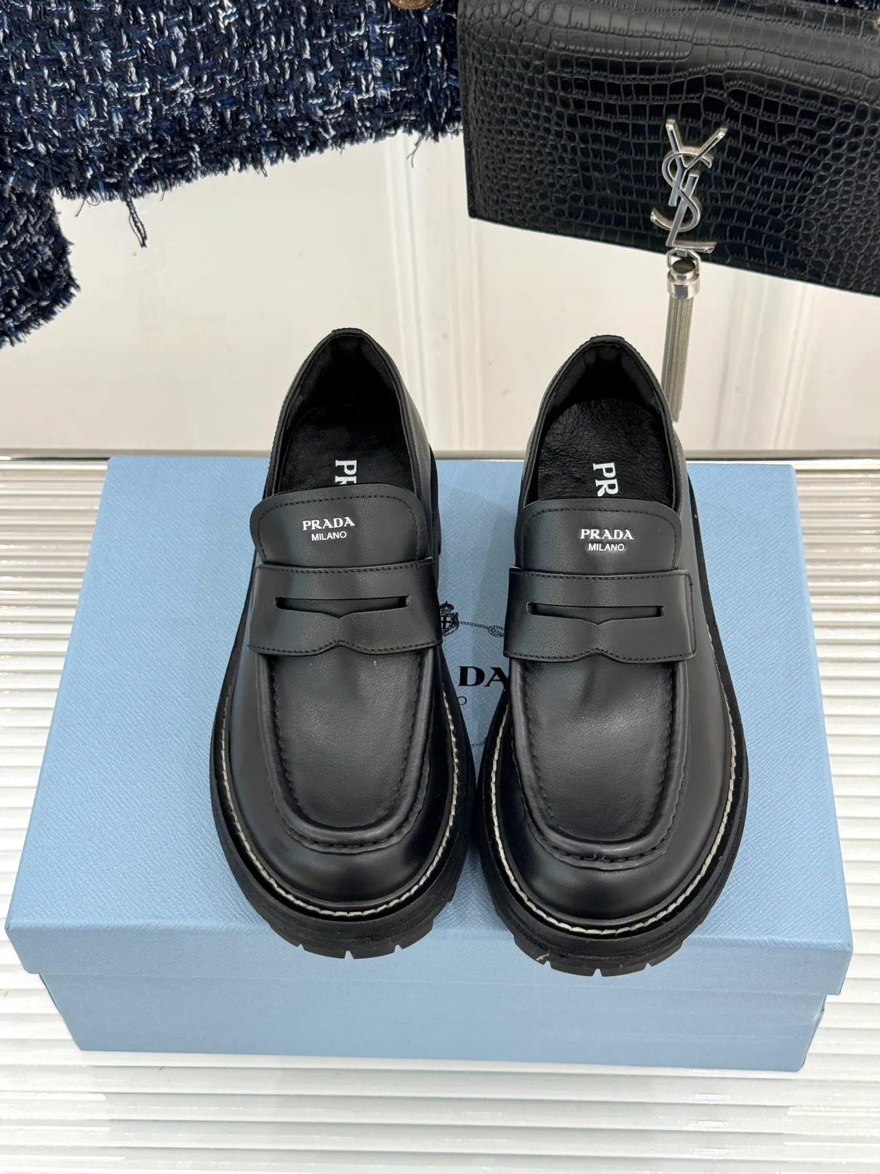 Prada Cowhide Denim Smooth Loafers in Black · view 1