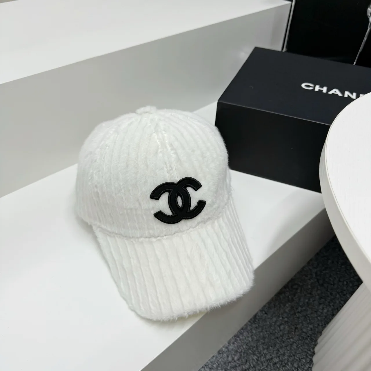 Chanel Fuzzy Baseball Cap in White & Beige & Brown & Black · view 1