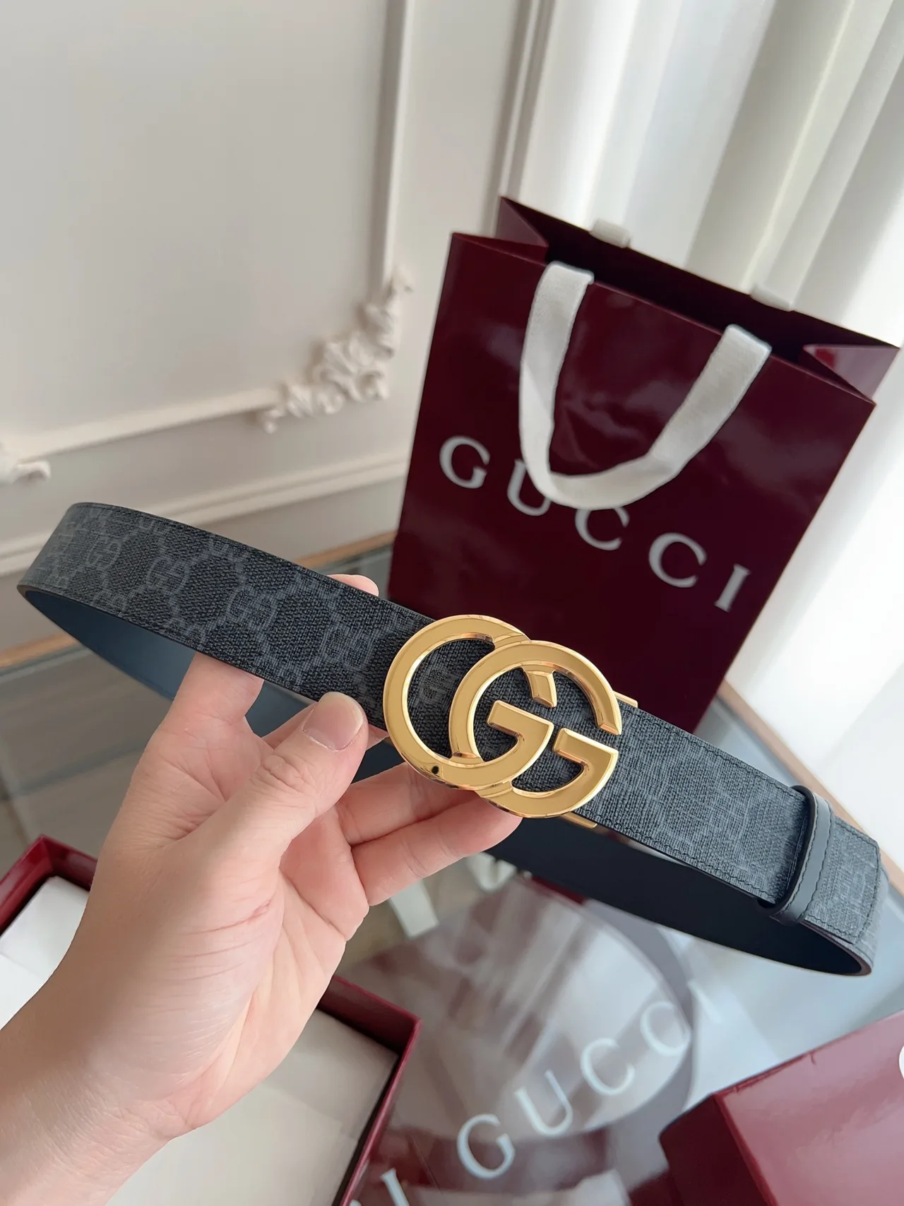 Gucci Cowhide Woven GG Automatic Belt in Grey · view 6