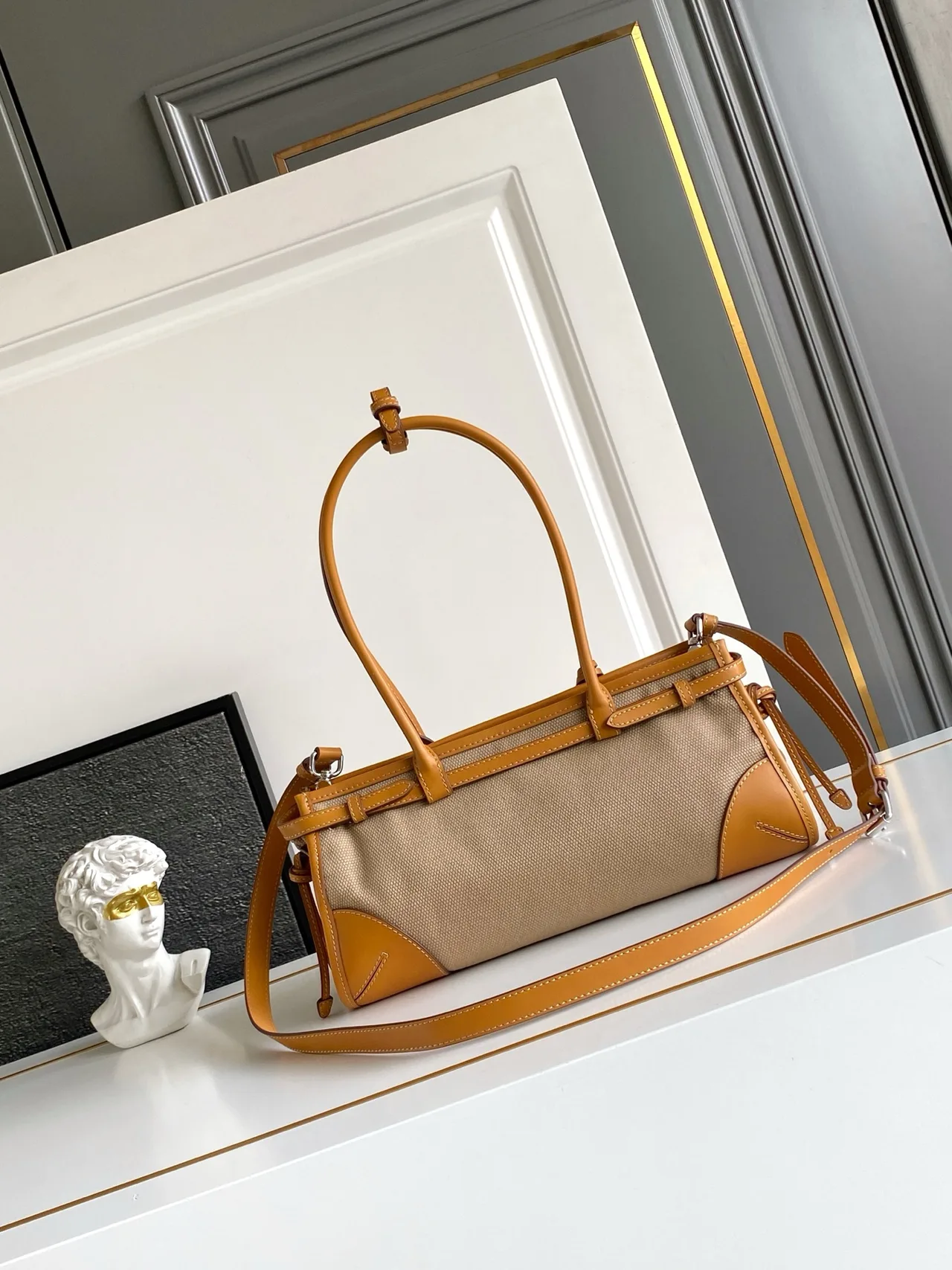 Prada Cowhide Belted Tote in Beige · view 3