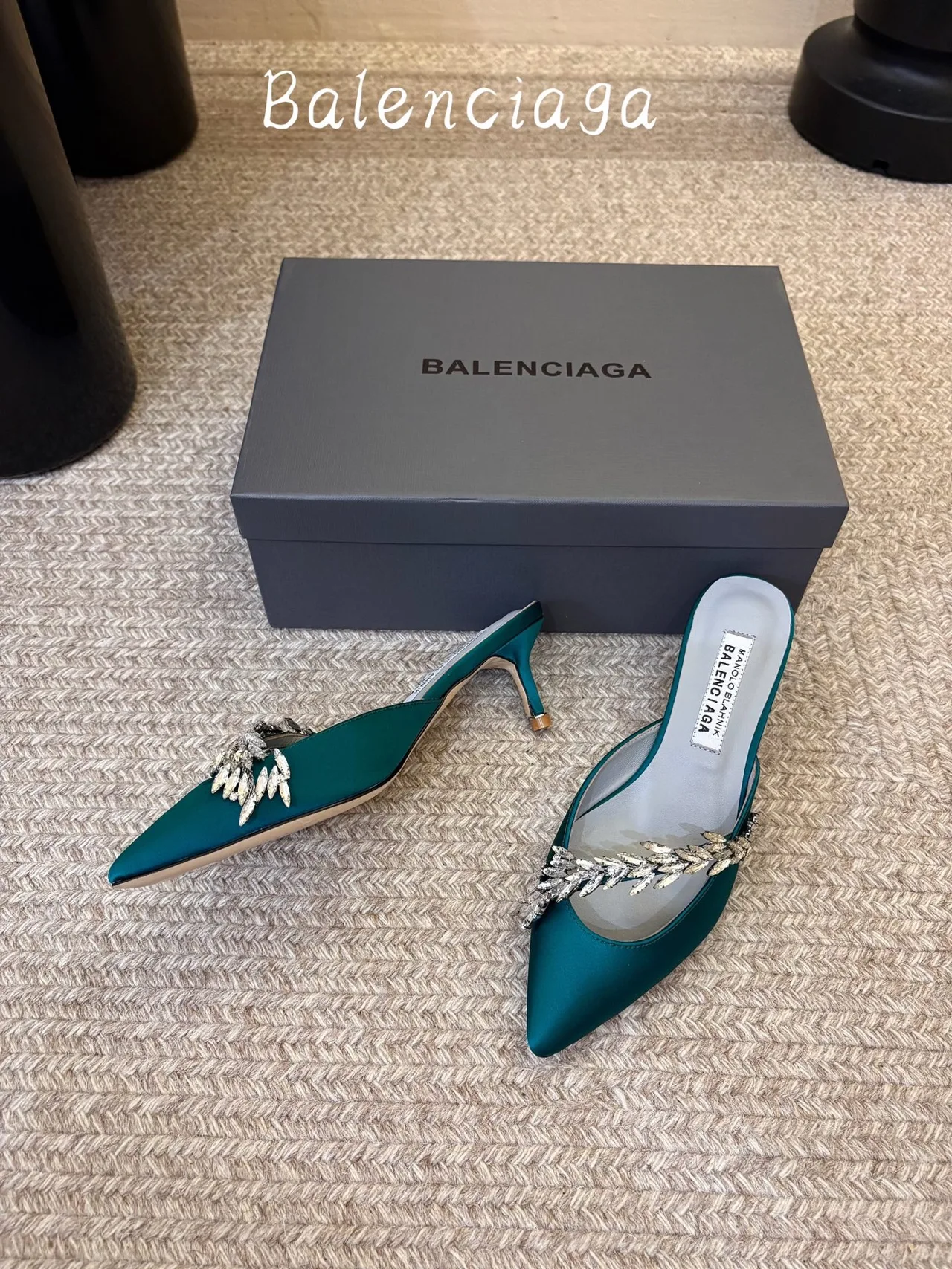 Balenciaga Silk Glossy Pointed-Toe Heeled Mules in Green · view 5