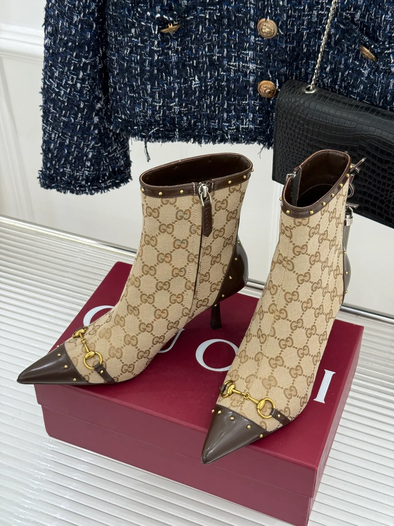 Gucci Sheepskin Canvas Ankle Boots in Beige · view 2