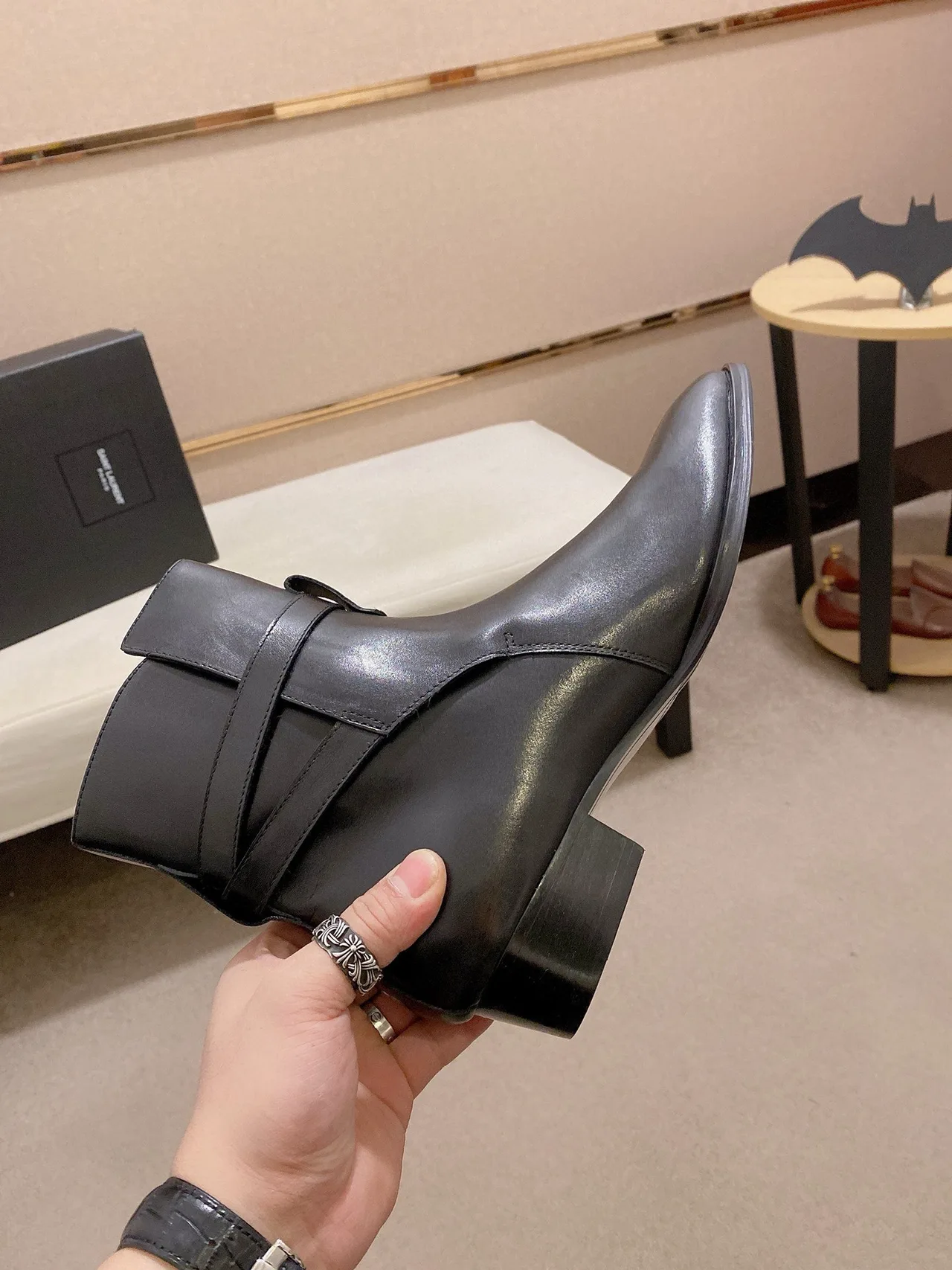 Saint Laurent Cowhide Glossy Pointed-Toe Buckle Ankle Boots in Black · view 5