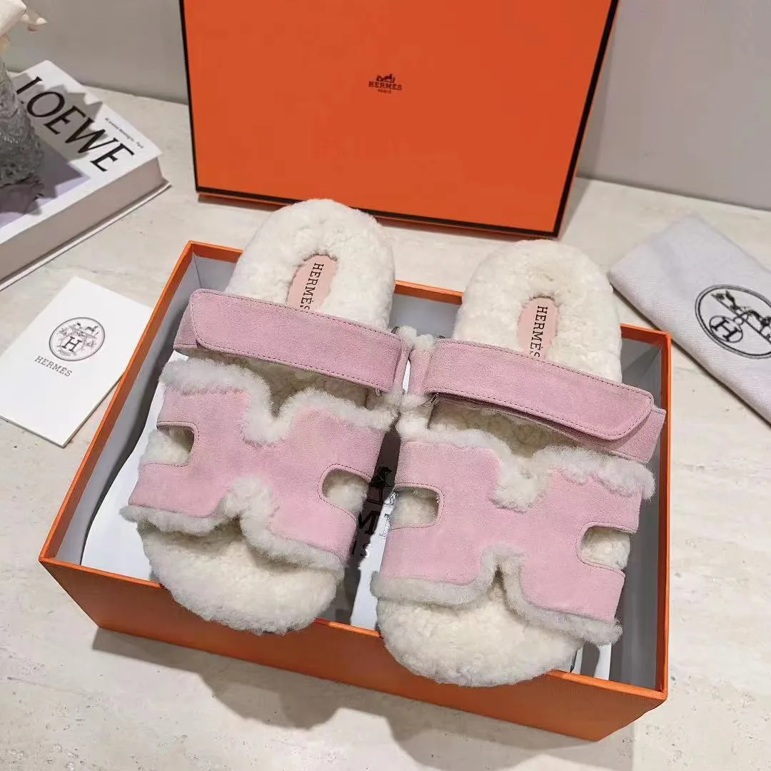 Hermes Sheepskin Chypre Shearling Slides in Pink · view 2