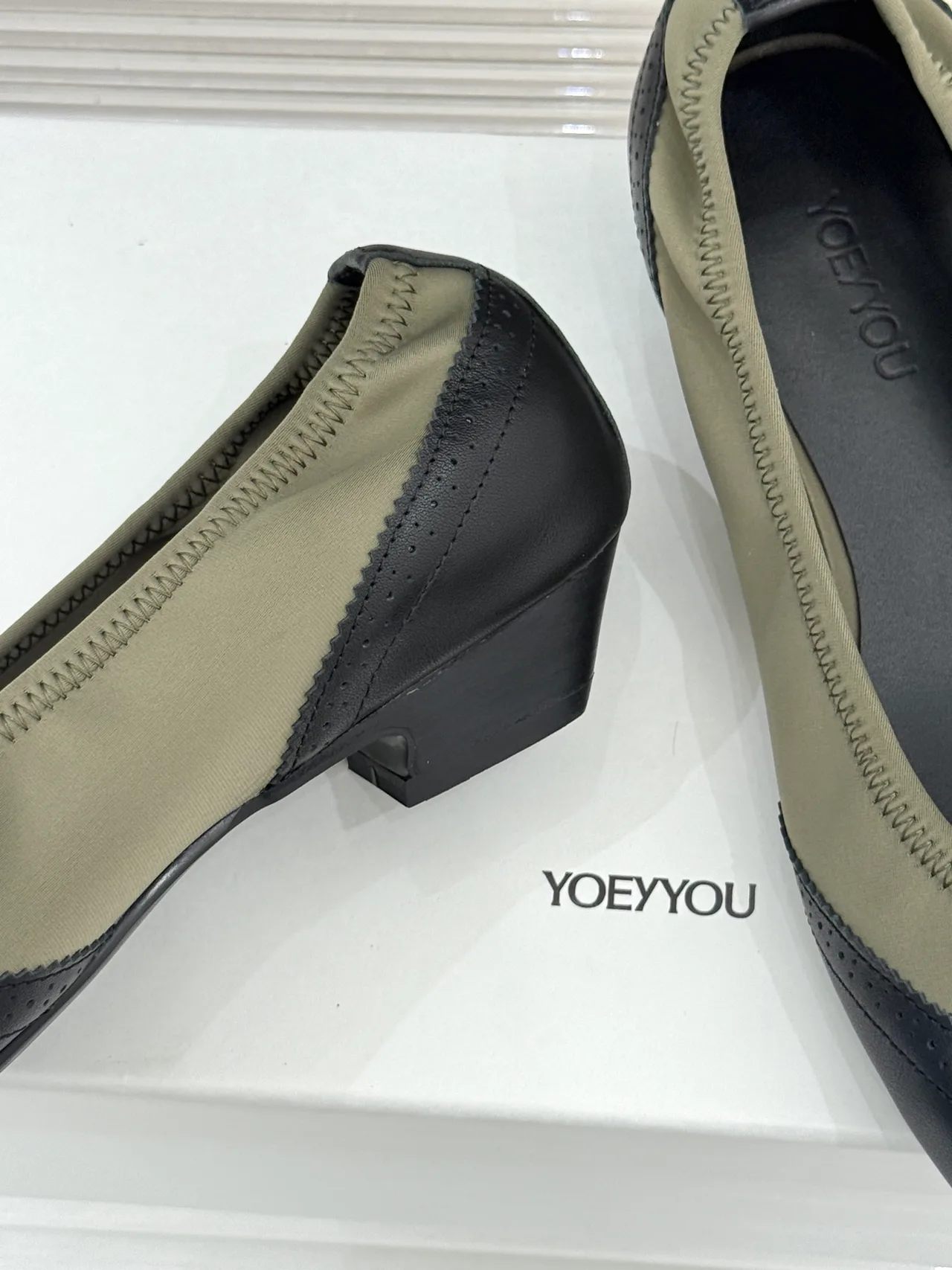 YOEYYOU Lambskin Denim Square-Toe Block-Heel Shoes in Black · view 6