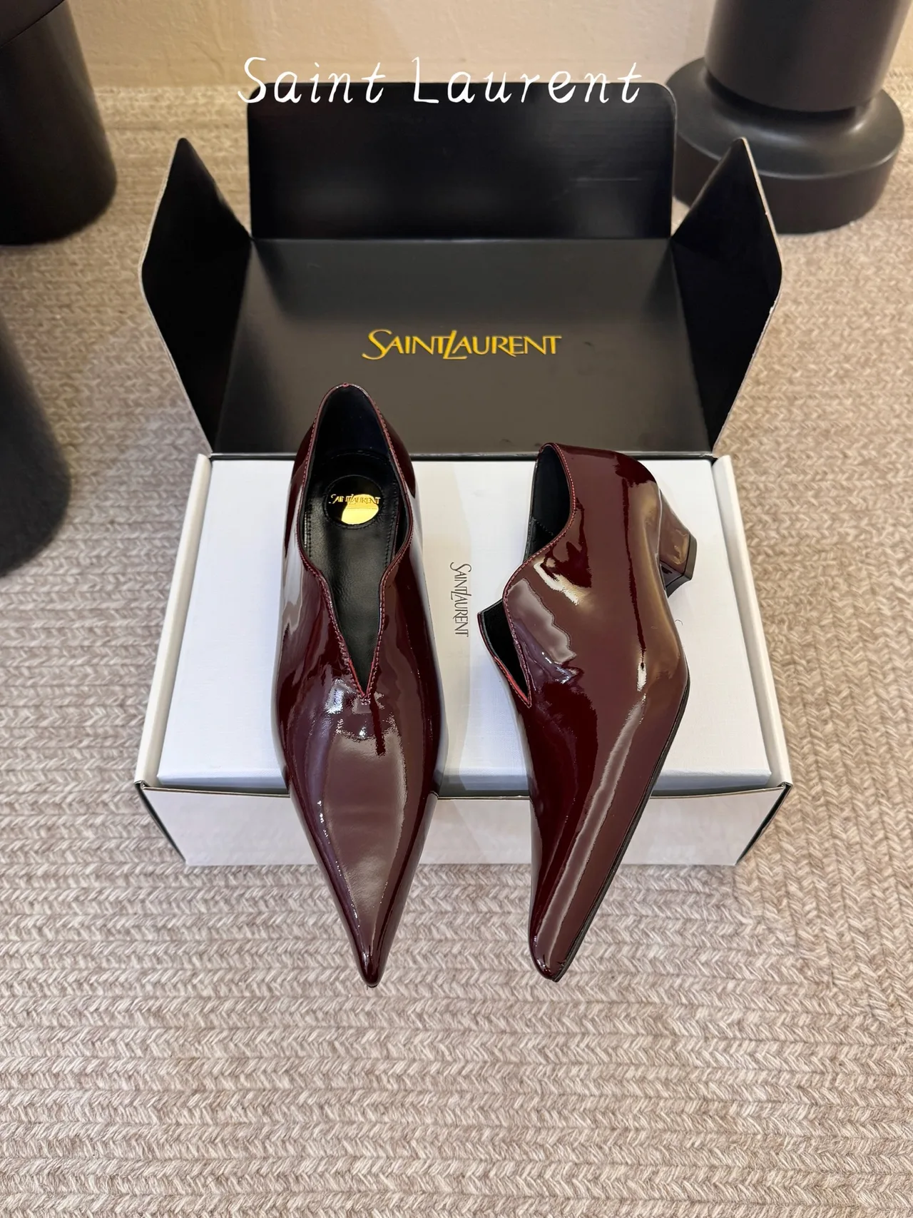 Saint Laurent Patent Leather Glossy Pointed-Toe Shoes in Burgundy · view 2