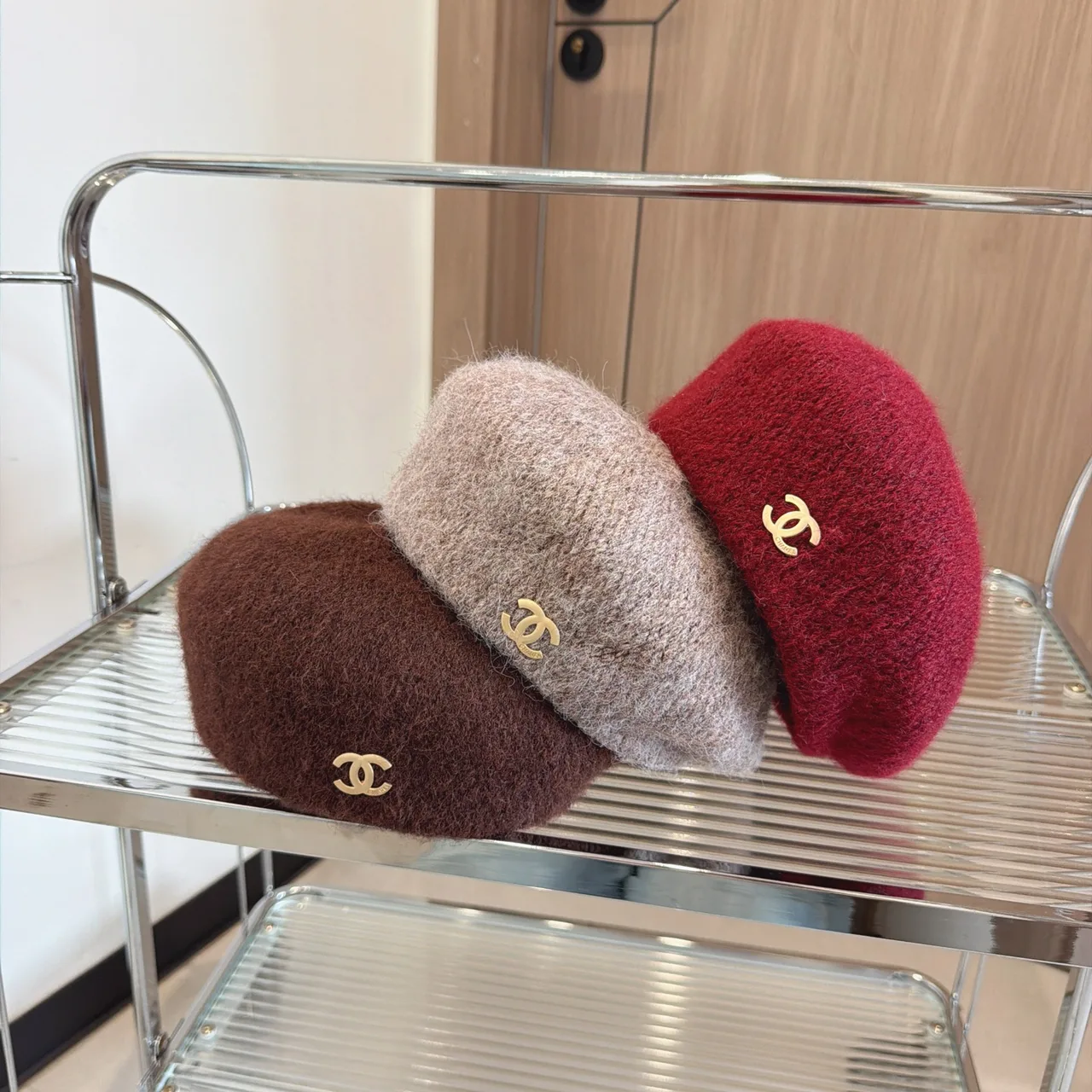 Chanel CC Beret in Grey & Burgundy & Brown & Black & Cream · view 8