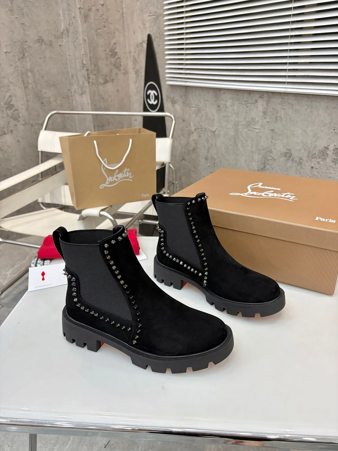 Christian Louboutin Studded Chelsea Boots in Black & Brown & Grey · view 4