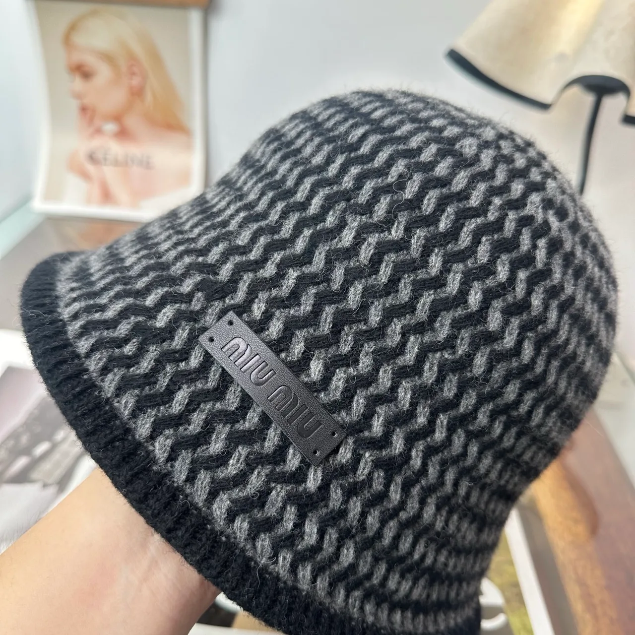Miu Miu Chevron Knit Bucket Hat in Black · view 5