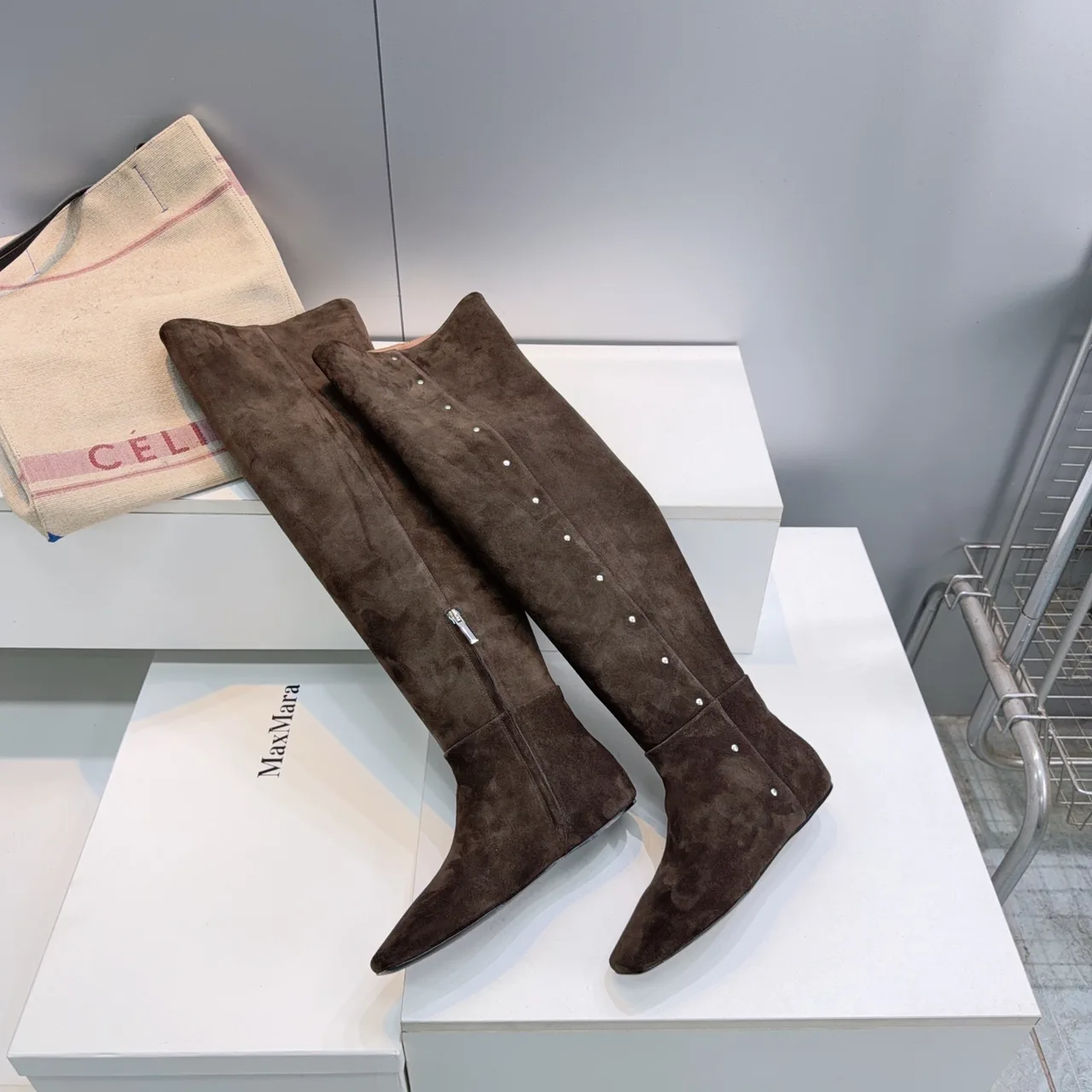 Max Mara Suede-Look Pointed-Toe Knee-High Boots in Brown · view 6