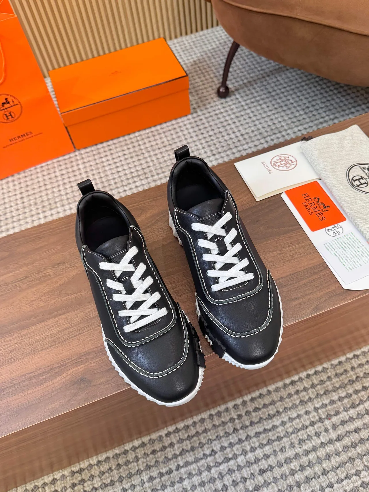 Hermes Smooth Round-Toe Sneakers in Black · view 5