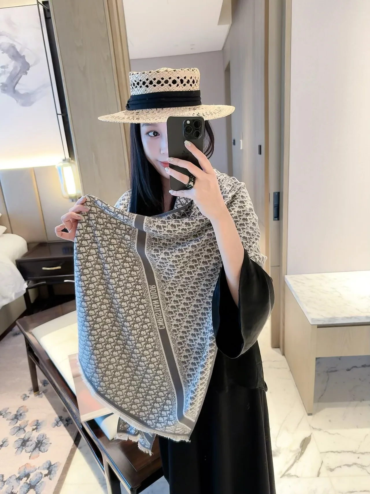 Dior Patterned Scarf in Blue & Grey & Pink · view 7