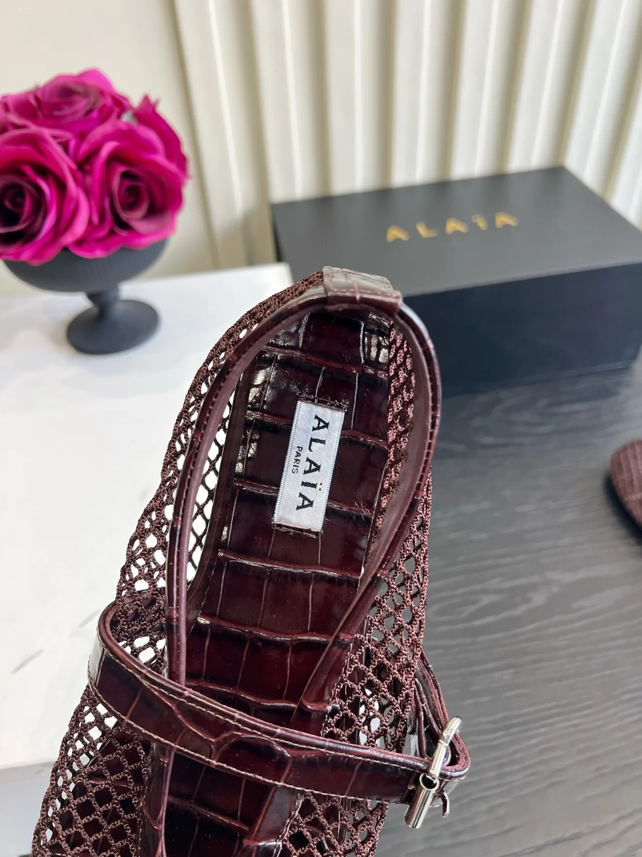Alaia Sheepskin Mesh Mary Jane Flats in Burgundy · view 7