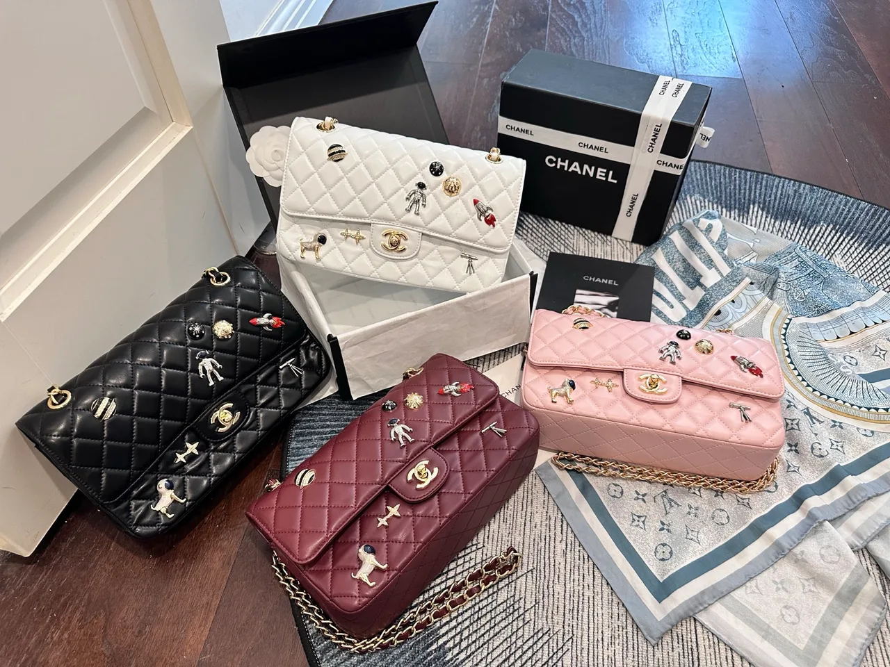 Chanel Badge Flap Bag in White / Black / Burgundy / Pink · view 1