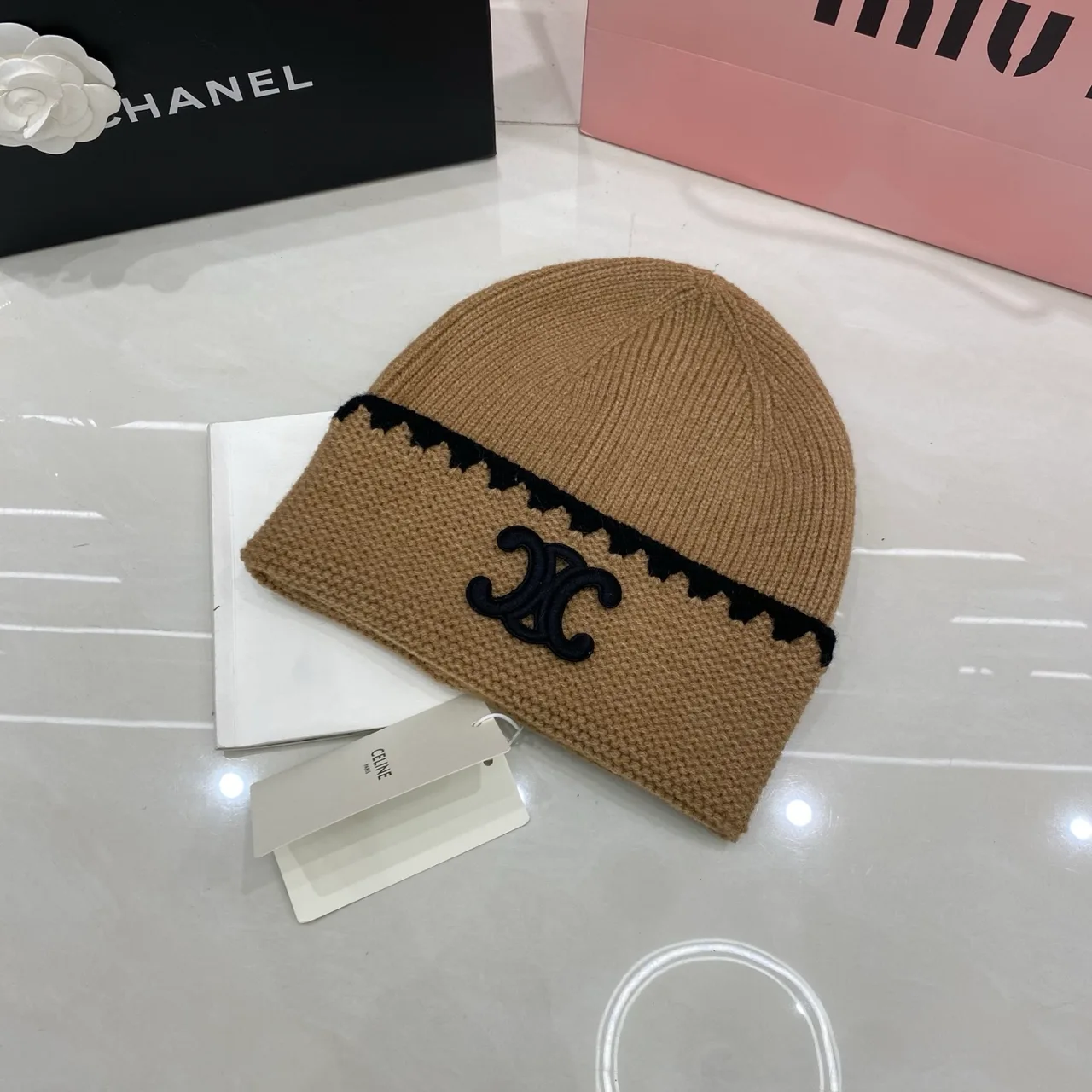 Chanel Knit Beanie in Black & Cream & Grey & Tan · view 4