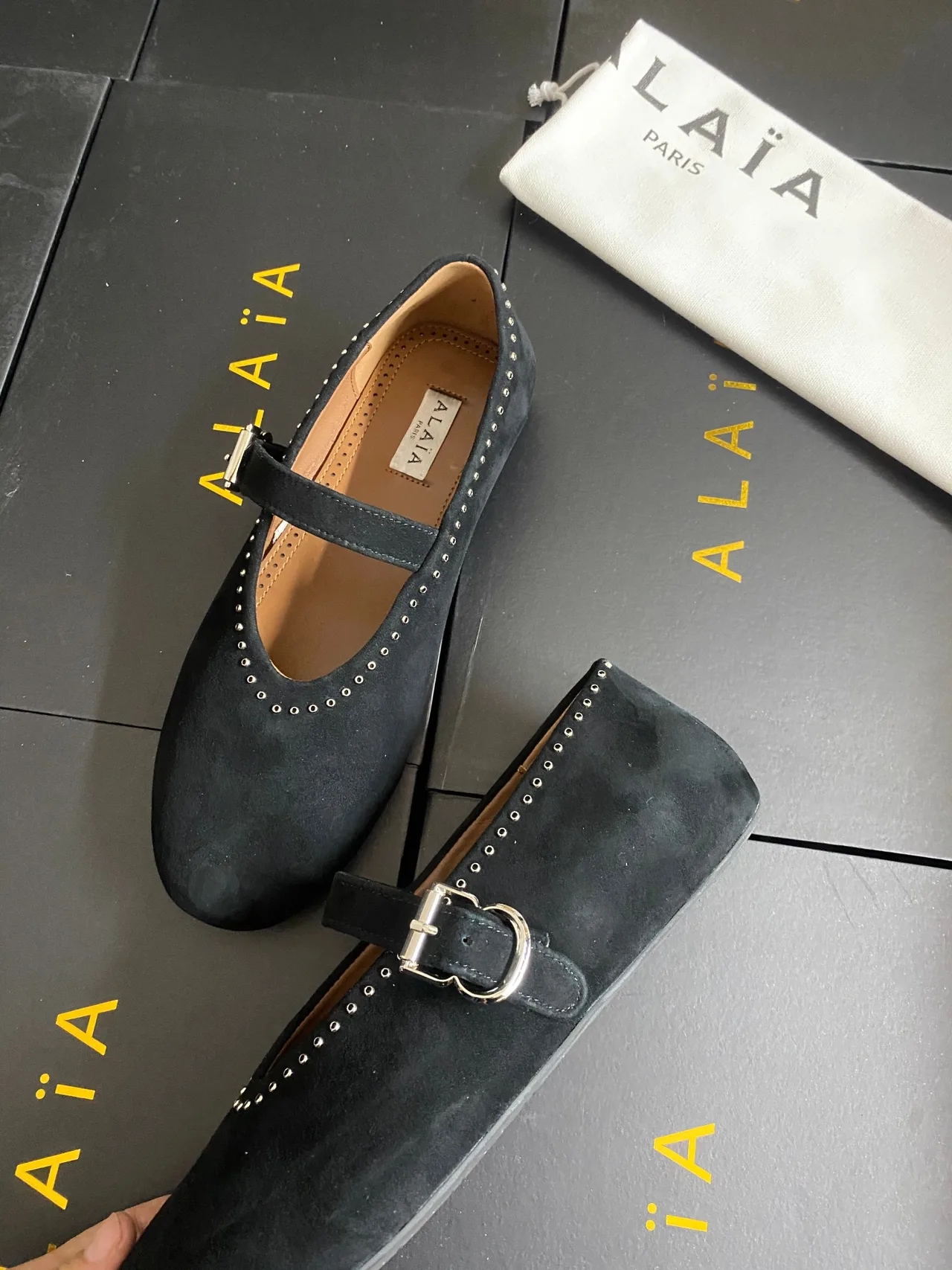 Alaia Cowhide Sheepskin Suede-Look Buckle Ballet Flats in Black · view 6