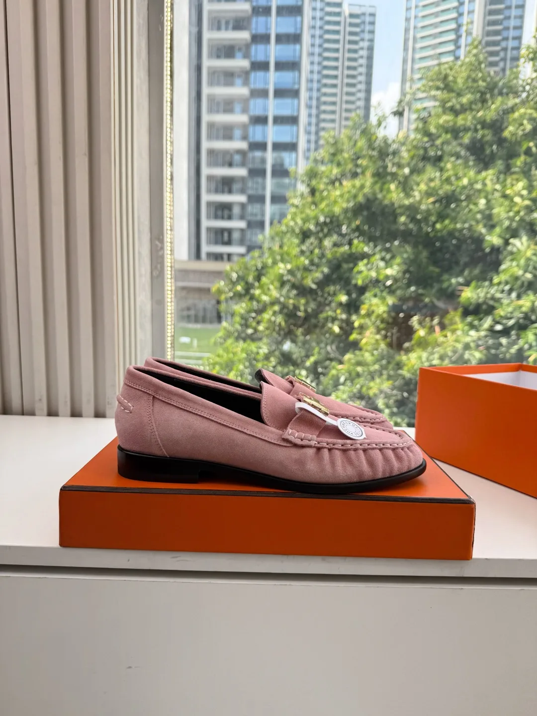 Hermes Calfskin Glossy Suede-Look Loafers in Pink · view 2