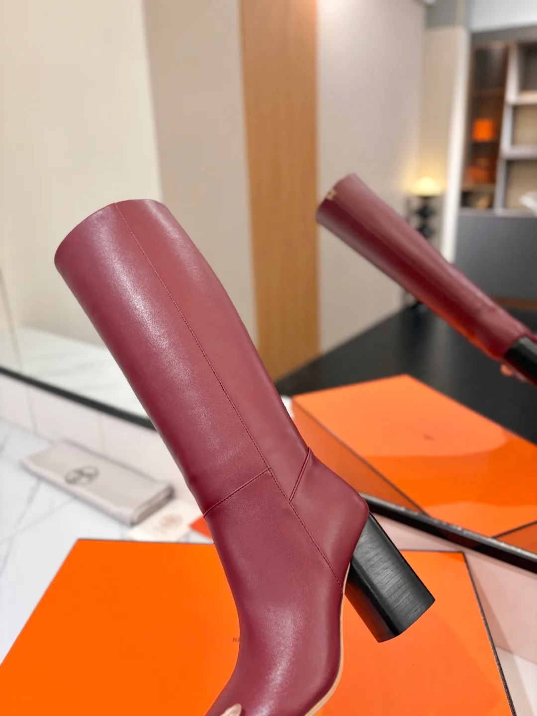 Hermes Cowhide Knee-High Boots in Burgundy · view 7
