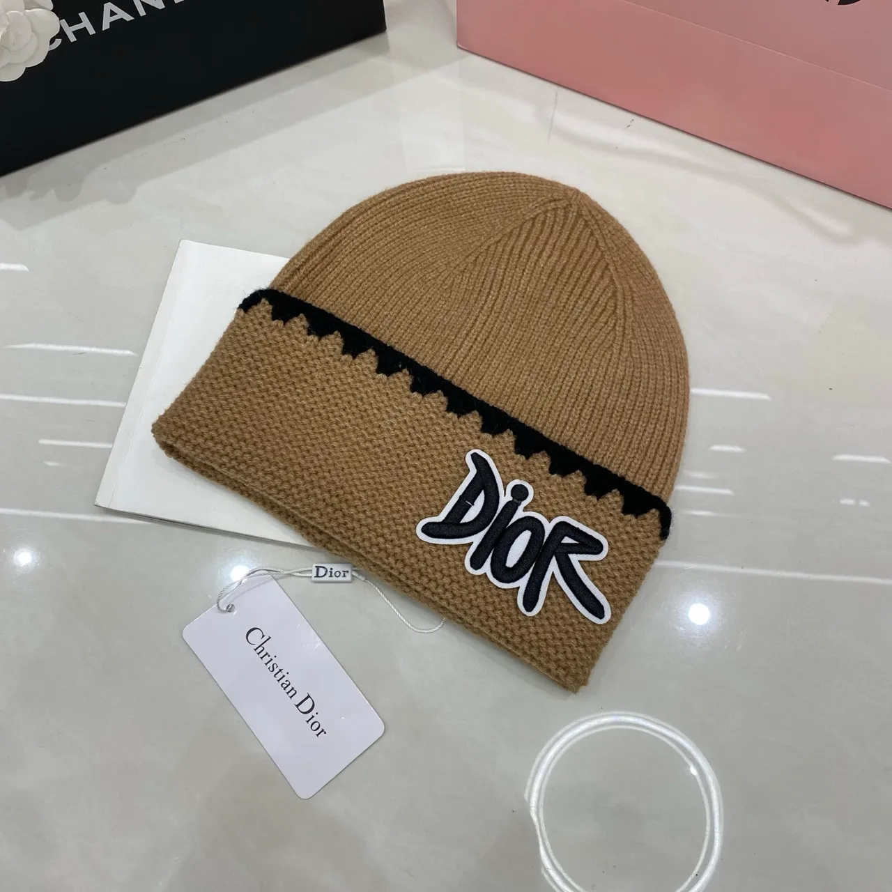 Dior Letter knit beanie in Black & White & Grey & Brown · view 4