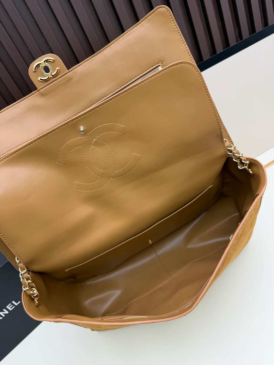 Chanel Suede Quilted Crossbody Bag in Tan · view 7