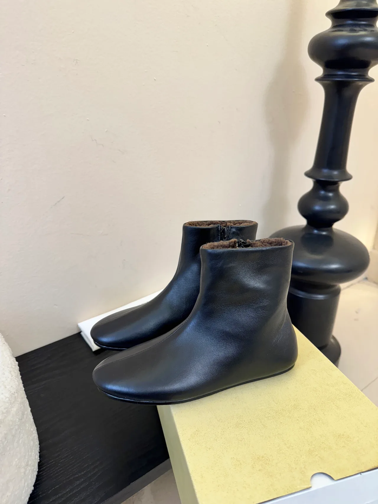 Glossy Round-Toe Lined Ankle Boots in Black · view 5