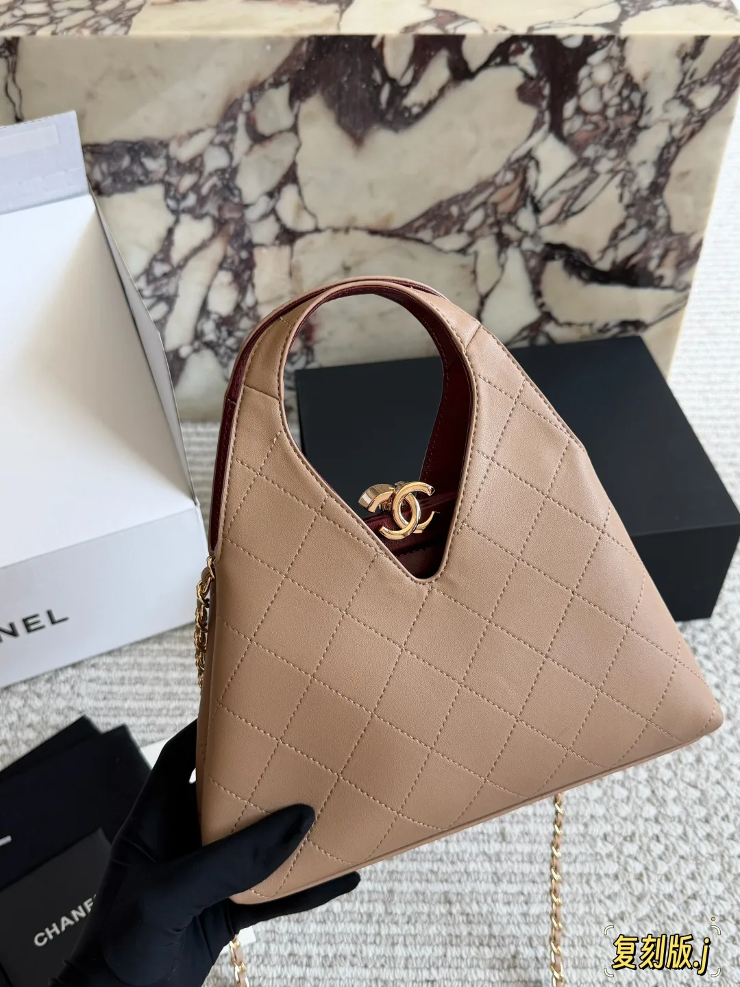 Chanel Triangular quilted handbag in Black & White & Tan & Burgundy & Grey & Pink & Beige · view 3