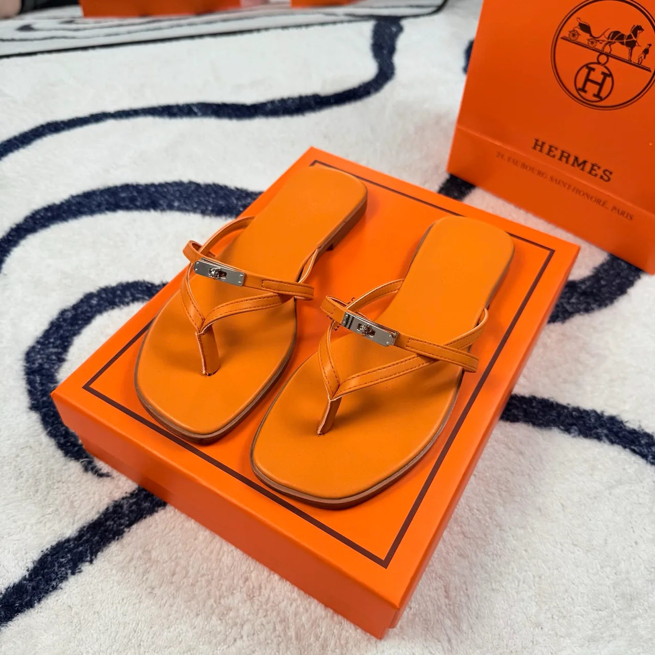 Hermes Denim Leather Flip-Flops in Orange · view 7