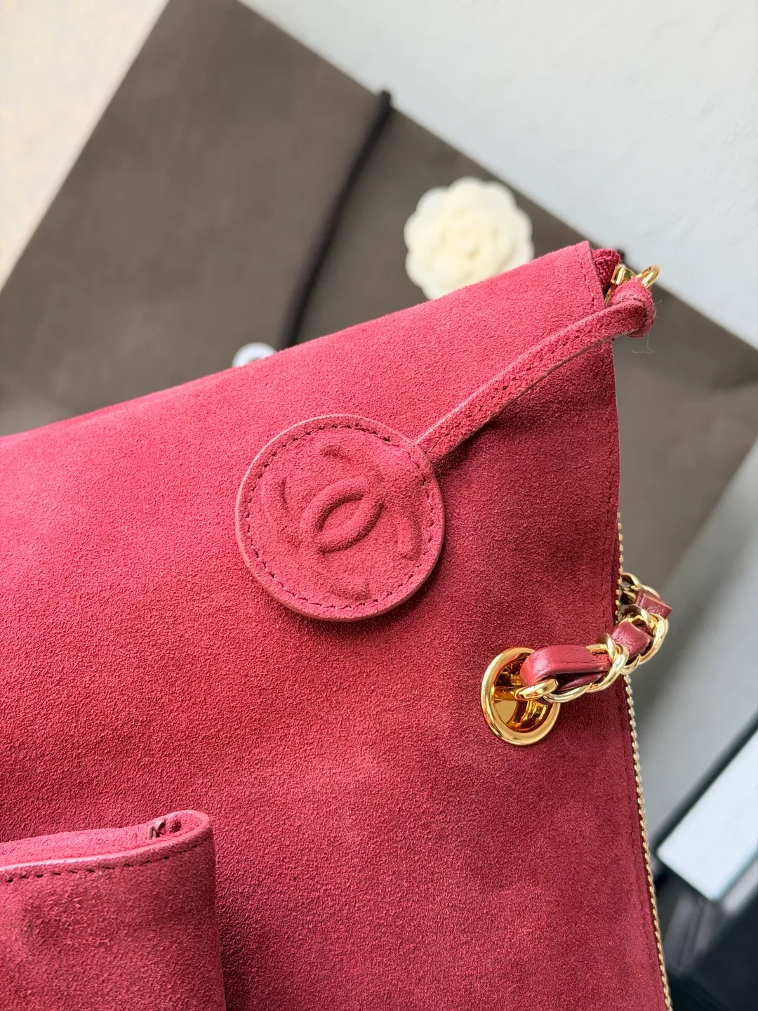 Chanel Leather Glossy Suede-Look Tote in Burgundy · view 8