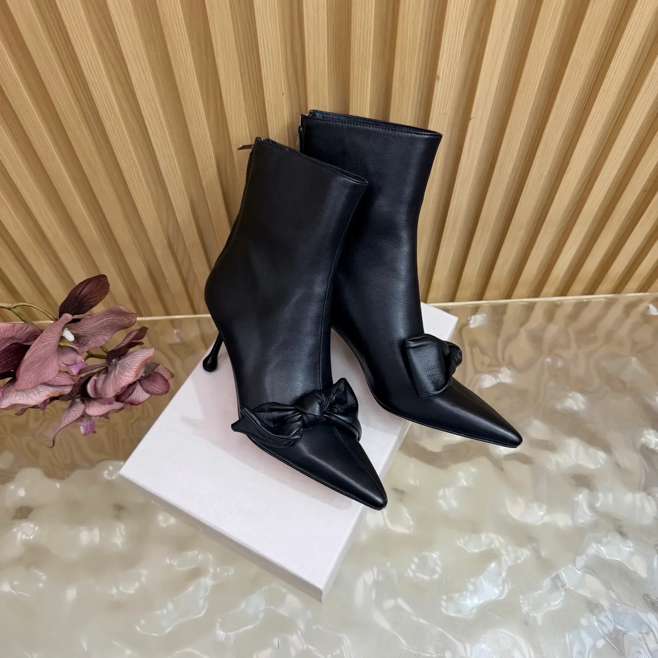 Jimmy Choo Cowhide Glossy Pointed-Toe Bow Knot Ankle Boots in Black · view 3