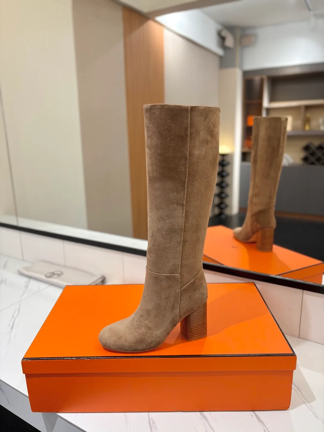 Hermes Cowhide Knee-High Boots in Grey · view 4