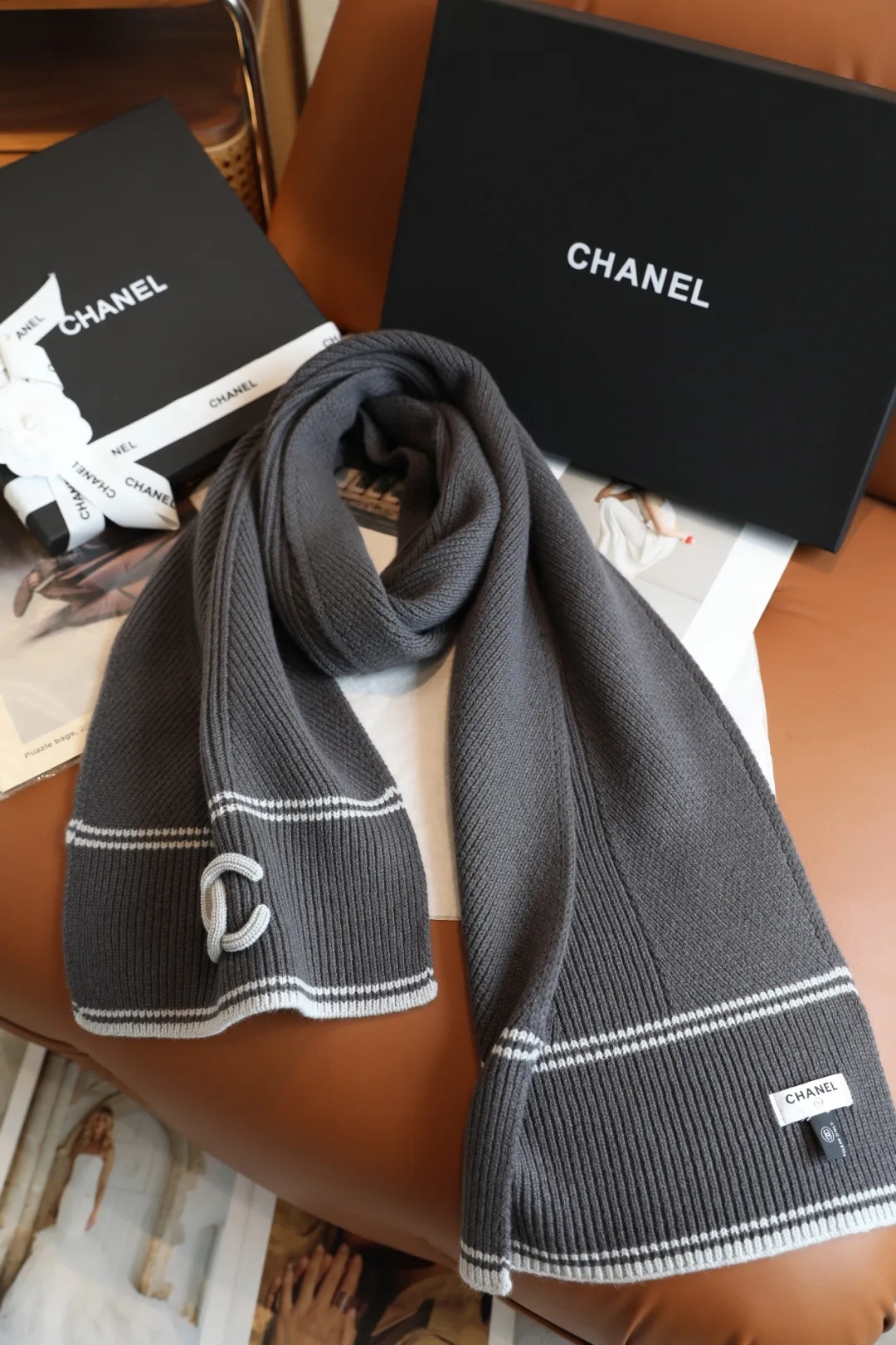 Chanel Wool Cashmere Striped Scarf in Grey · view 4