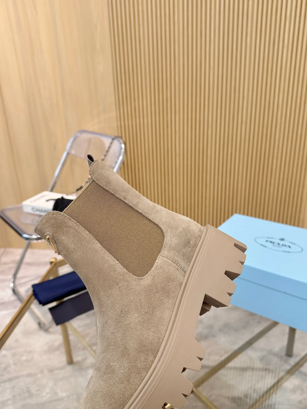 Prada Suede-Look Ankle Boots in Beige · view 8