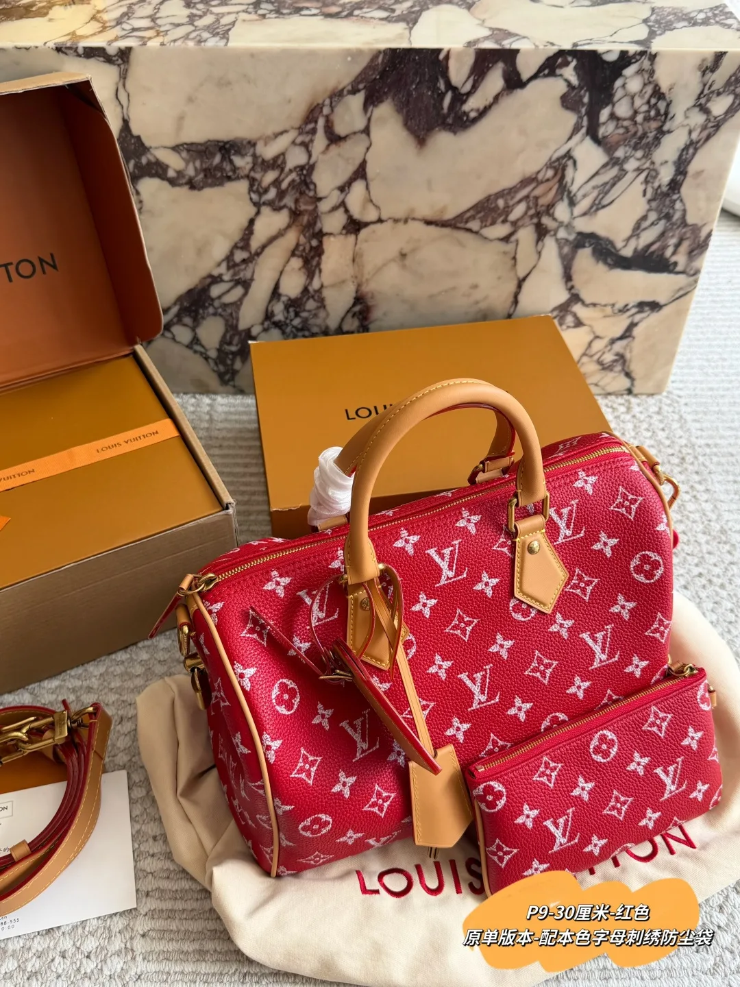 Louis Vuitton Speedy Monogram Bag with pictured pouch in Red · view 8