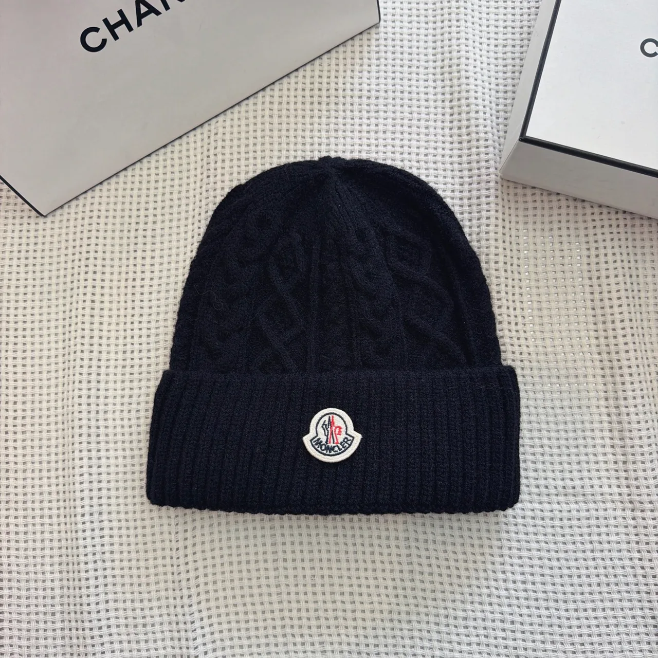 Moncler Cable-knit logo beanie in Burgundy & Black & White & Cream & Grey & Tan · view 2