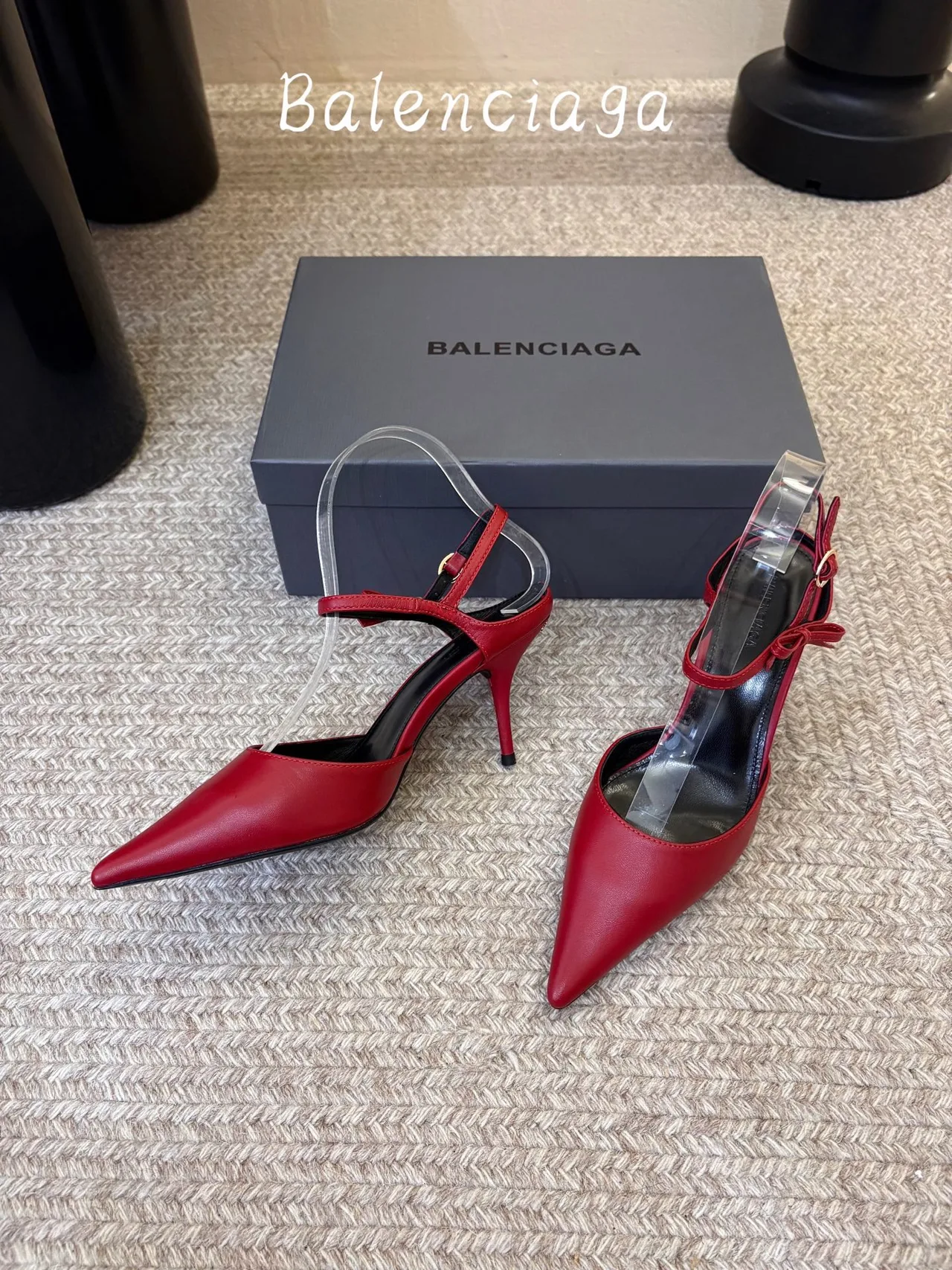 Balenciaga Glossy Pointed-Toe Ankle Strap Pumps in Red · view 3