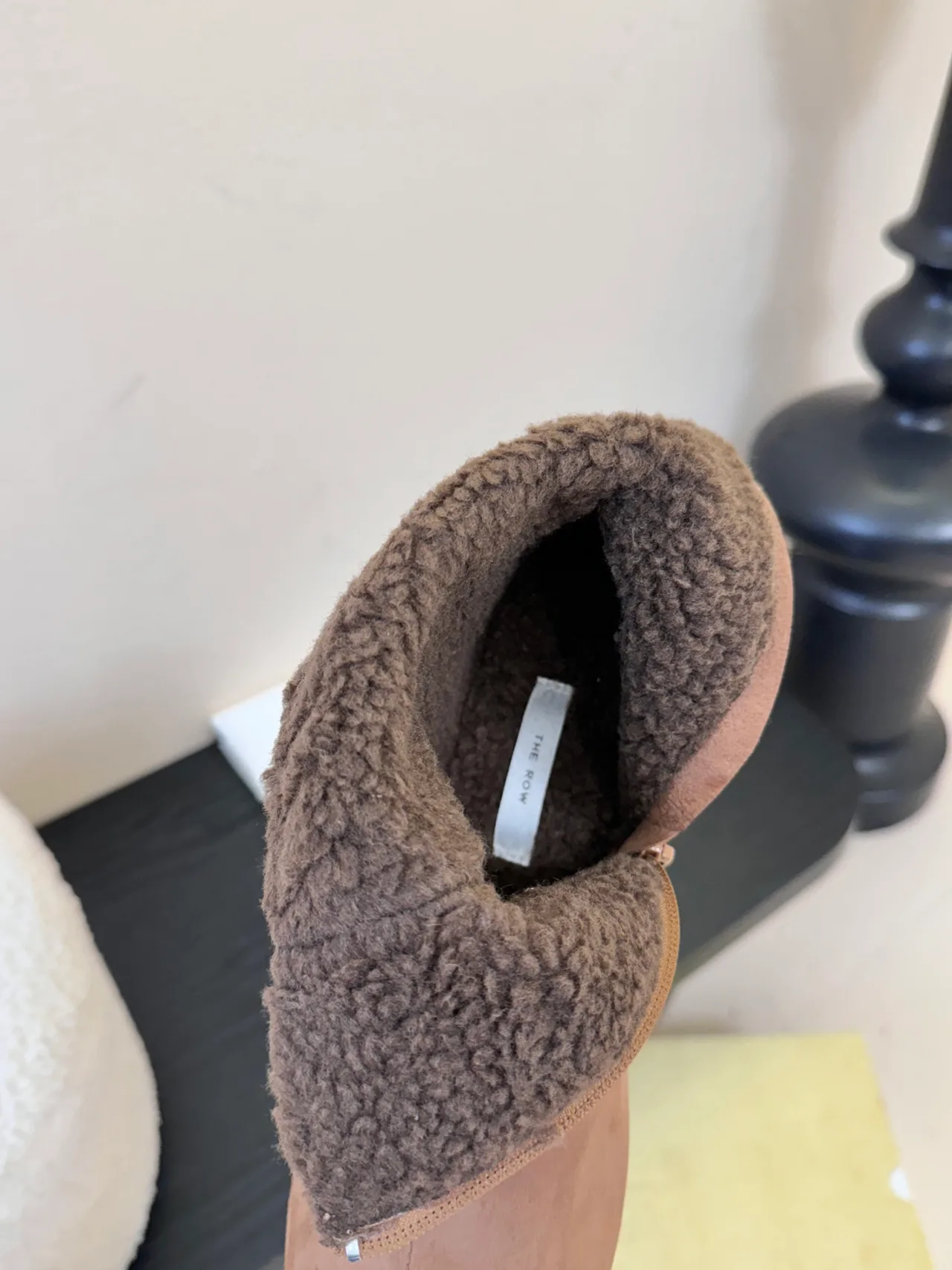 The Row Glossy Suede-Look Round-Toe Shearling Ankle Boots in Grey · view 8