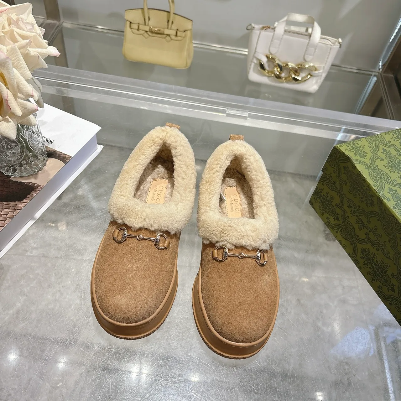 Gucci Cowhide Sheepskin Buckle Fur-Lined Ankle Boots in Brown · view 2