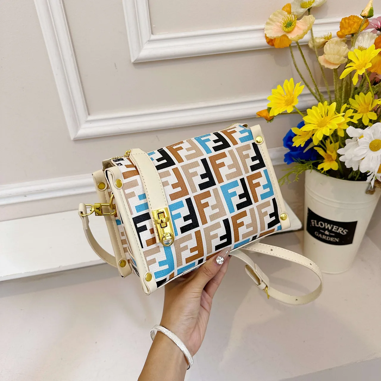 Fendi FF Box Crossbody Bag in Brown & Black & White · view 4