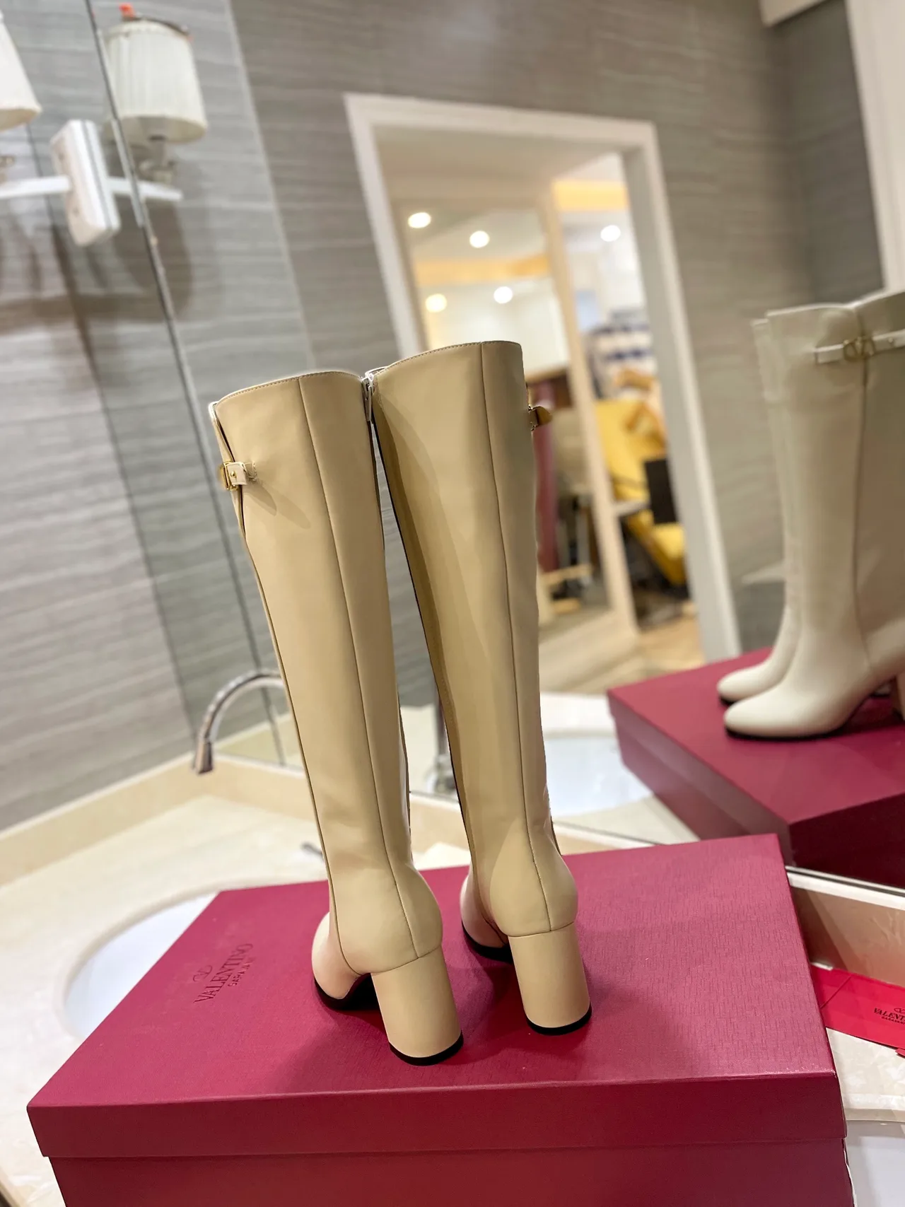 Valentino Leather Glossy Round-Toe Buckle Knee-High Boots in White · view 6