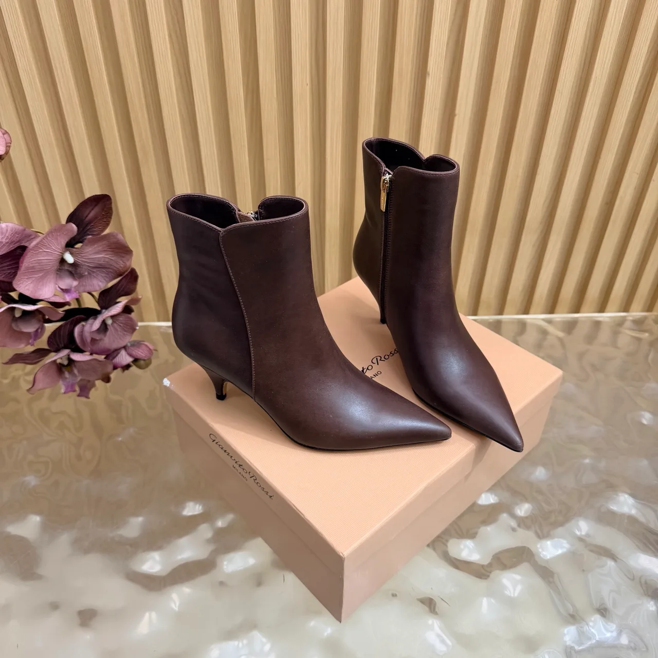 Gianvito Rossi Smooth Pointed-Toe Pointed Ankle Boots in Brown · view 3
