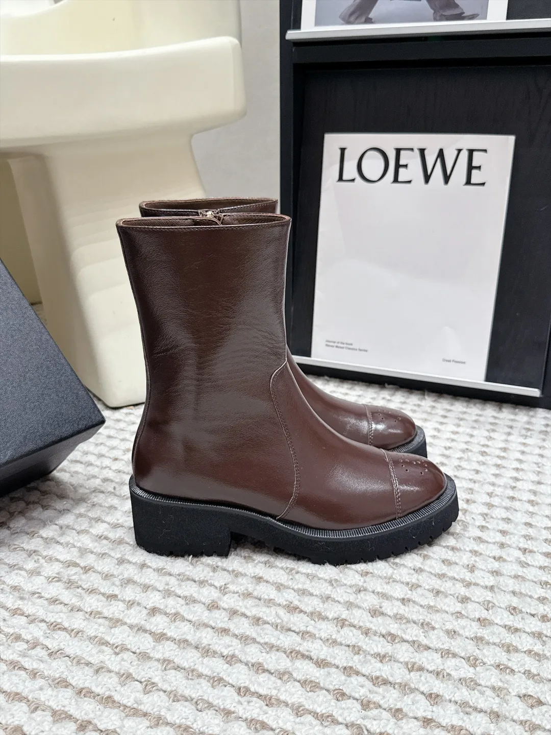 Loewe Cowhide Glossy Round-Toe Ankle Boots in Brown · view 2